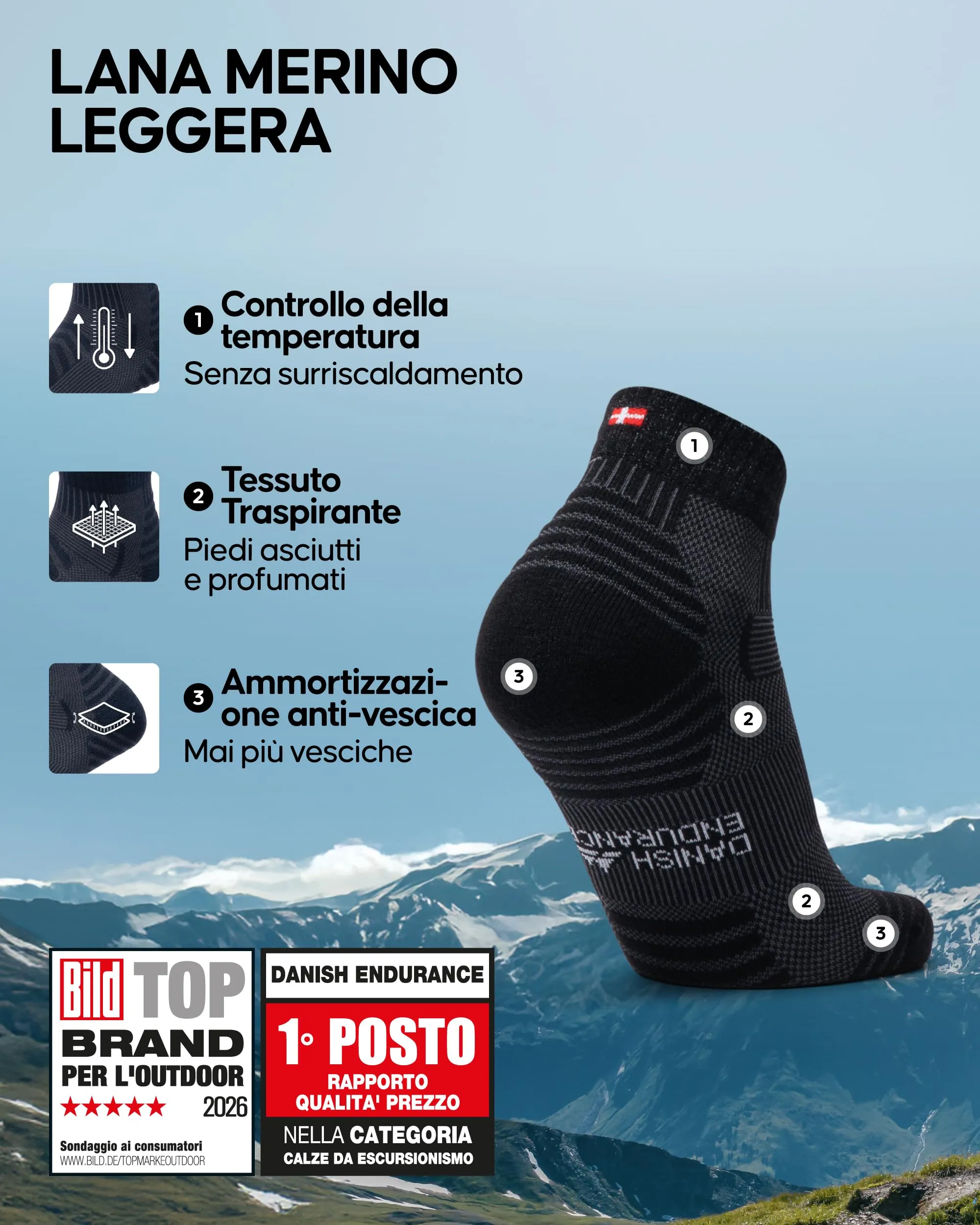Danish Endurance Calze Trekking Corte Merino, 3 Paia, Nero, 48-51 - immagine 2