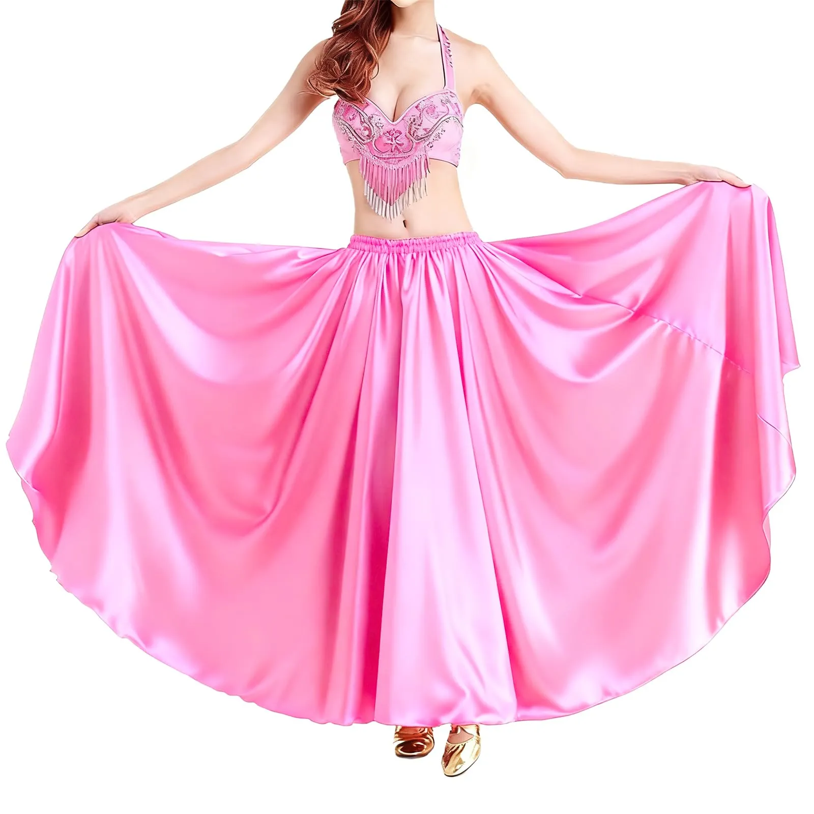 Baisdan Gonna in Raso per Danza del Ventre, Rosa, Taglia Unica - immagine 2