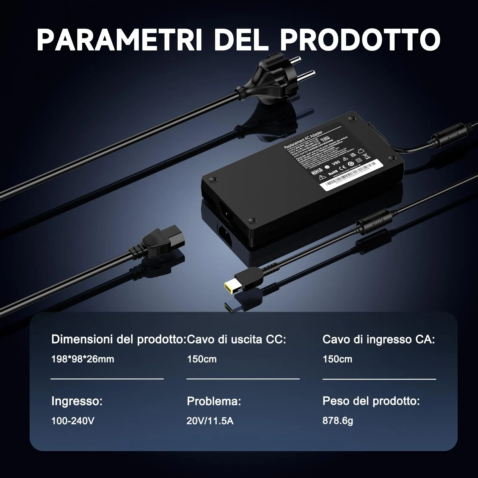 Etssembo Alimentatore 230W 20V 11.5A per Lenovo Legion 5 7 5P C7 Y520 Y540 Y545 Y740 Y730 Y900 Y910 Y920 Y7000 ThinkPad P50 P51 P52 P53 P70 P71 P72 ADL230NLC3A ADL230NDC3A - immagine 3