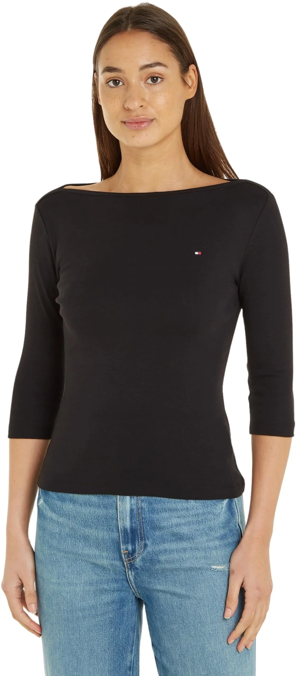 Tommy Hilfiger Donna Maglietta Maniche Lunghe New Cody Slim Scollo a Barca, Nero, XXS - immagine 1