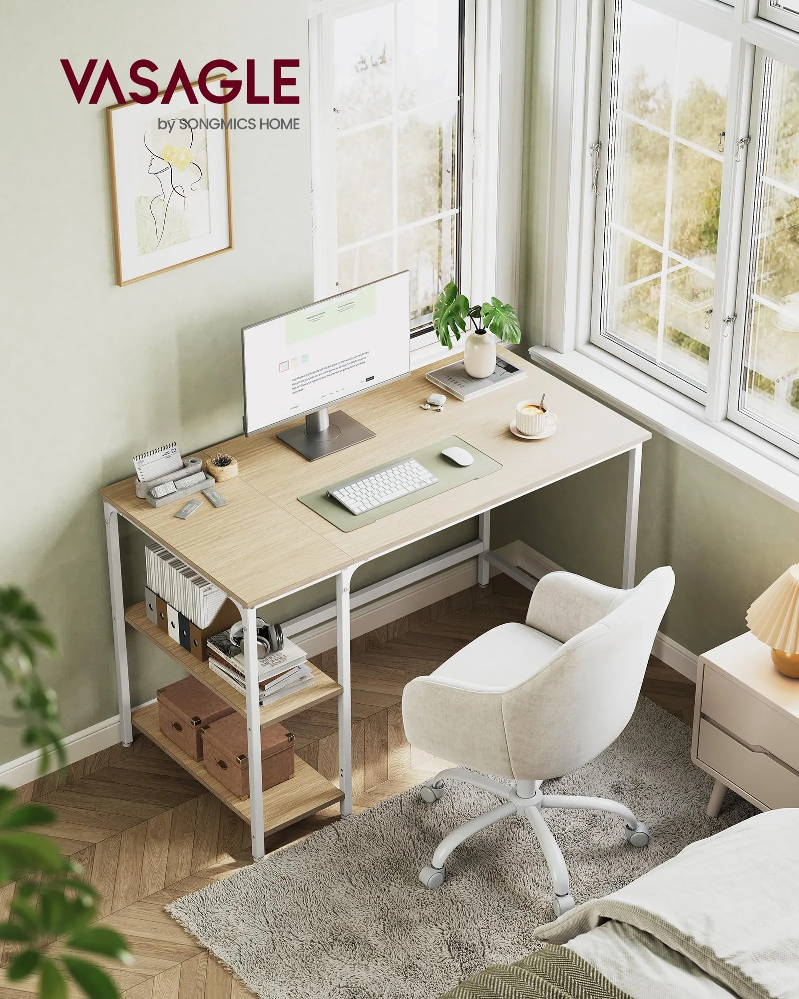 VASAGLE Scrivania per Computer, 120 x 60 x 76 cm, Beige Naturale e Bianco Perla LWD047N02 - immagine 2