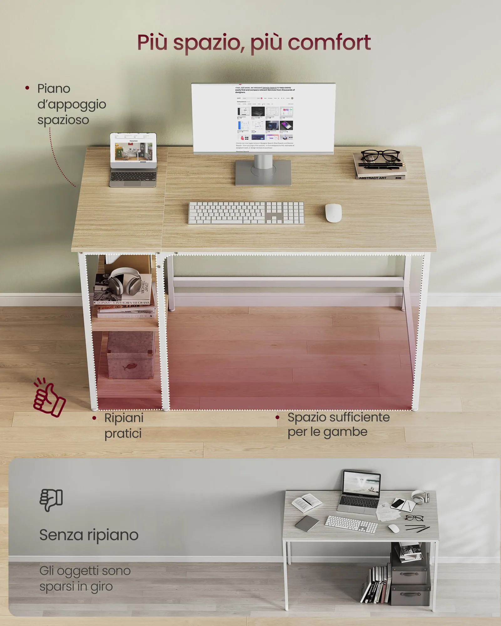 VASAGLE Scrivania per Computer, 120 x 60 x 76 cm, Beige Naturale e Bianco Perla LWD047N02 - immagine 3