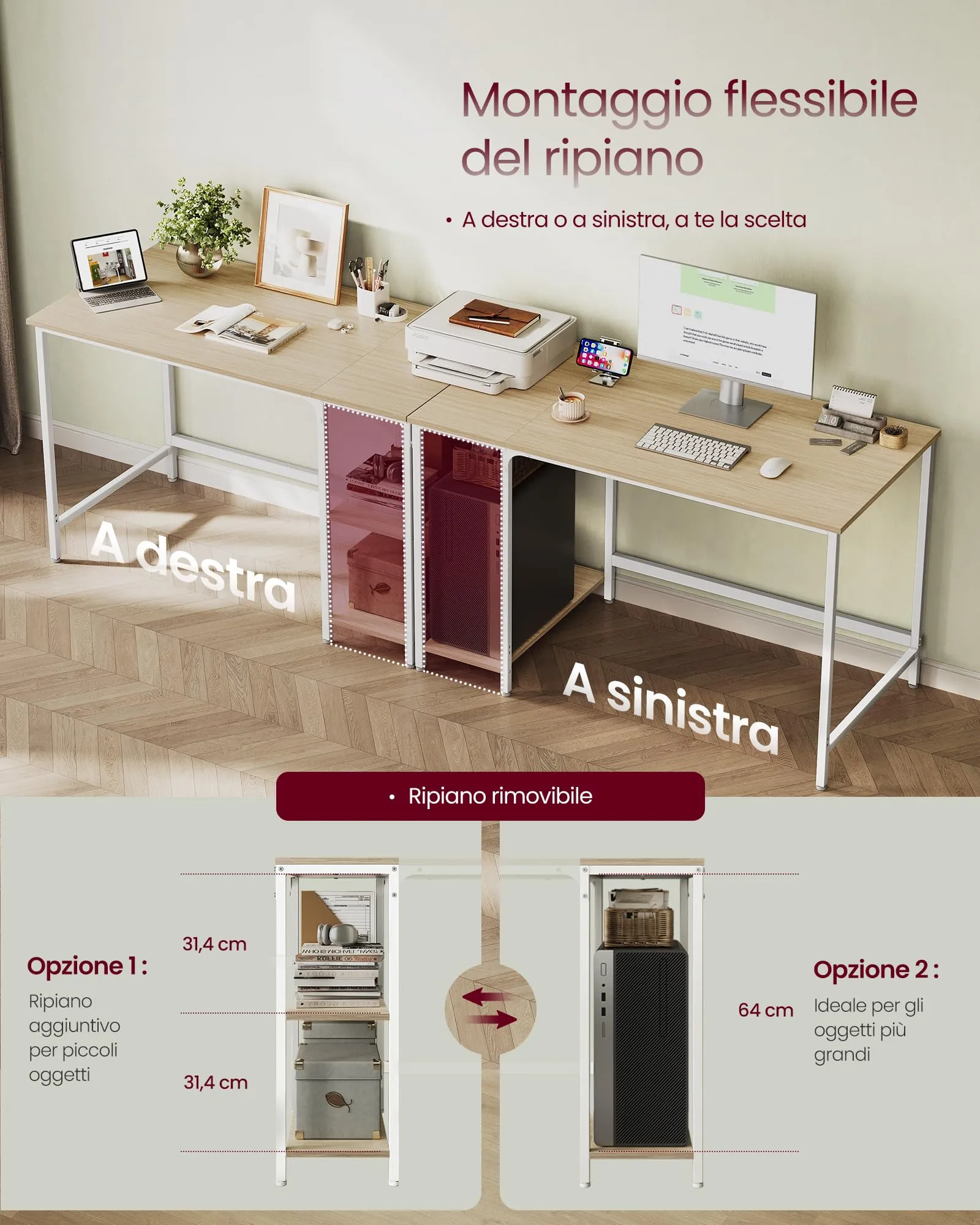 VASAGLE Scrivania per Computer, 120 x 60 x 76 cm, Beige Naturale e Bianco Perla LWD047N02 - immagine 4