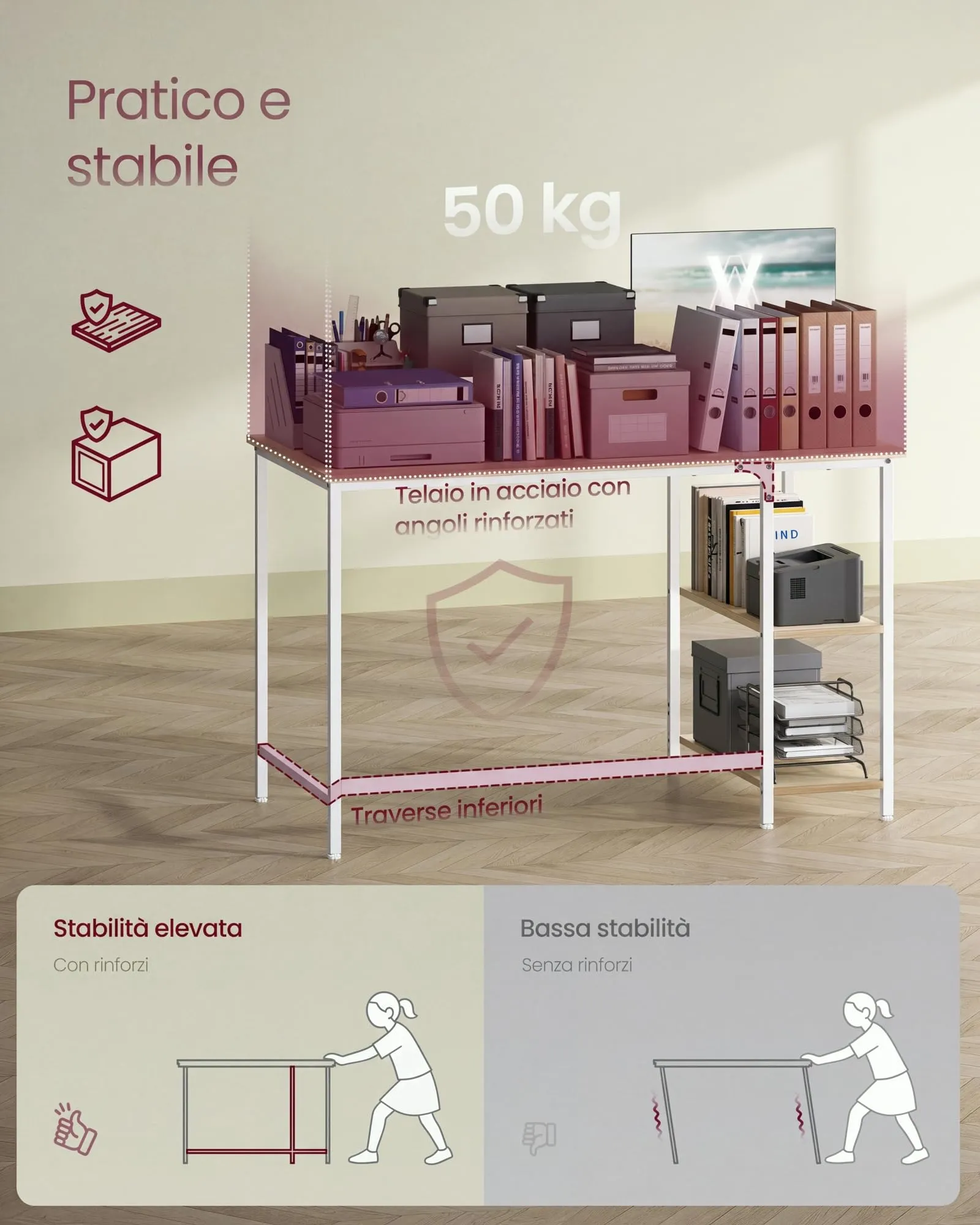 VASAGLE Scrivania per Computer, 120 x 60 x 76 cm, Beige Naturale e Bianco Perla LWD047N02 - immagine 5