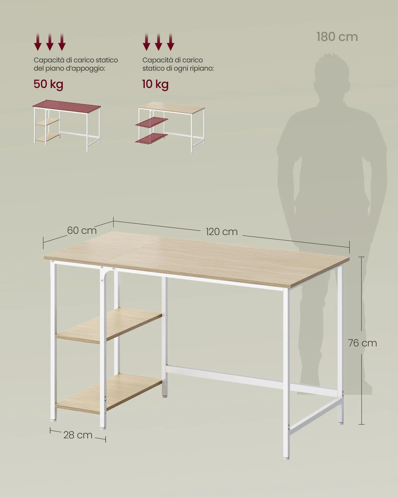 VASAGLE Scrivania per Computer, 120 x 60 x 76 cm, Beige Naturale e Bianco Perla LWD047N02 - immagine 6