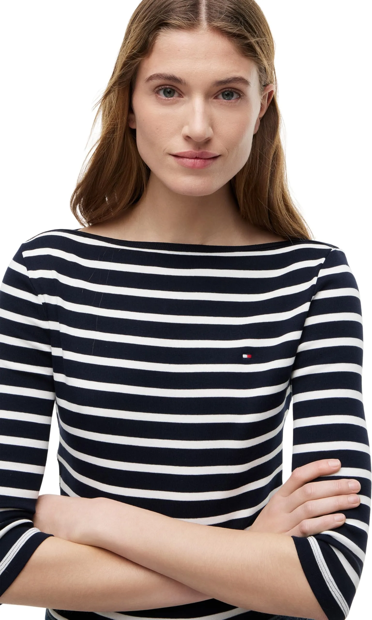 Tommy Hilfiger Donna Maglietta Maniche Lunghe New Cody Slim Scollo a Barca, Multicolore NOS Breton Desert Sky/Ecru, XS - immagine 4