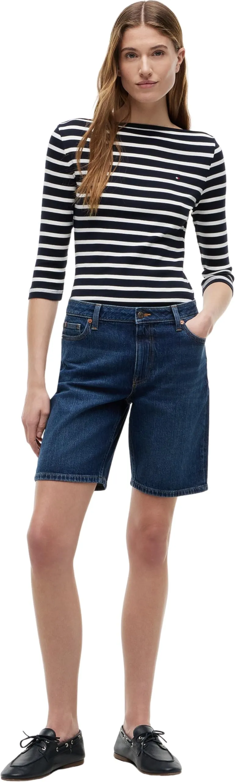 Tommy Hilfiger Donna Maglietta Maniche Lunghe New Cody Slim Scollo a Barca, Multicolore NOS Breton Desert Sky/Ecru, XS - immagine 5