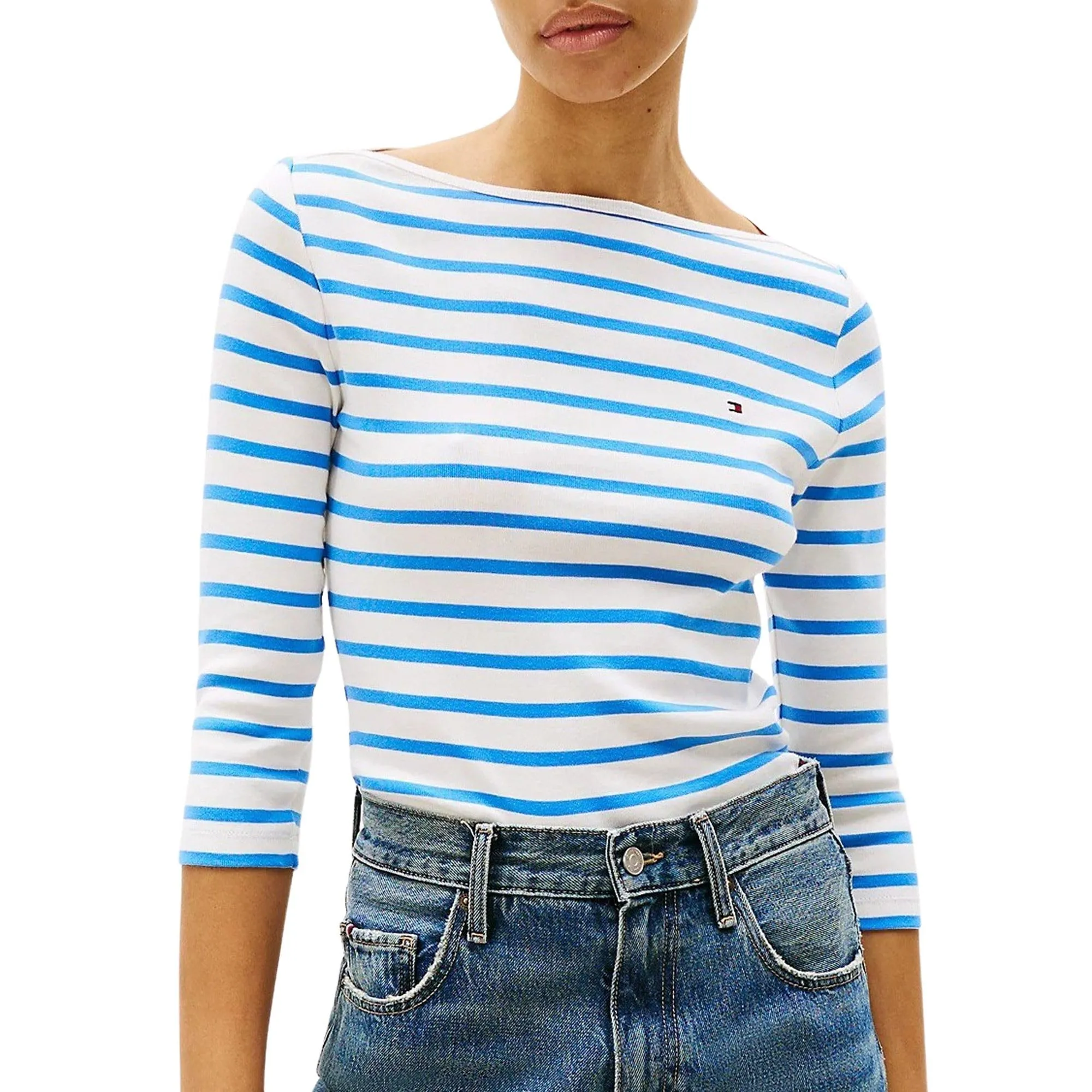 Tommy Hilfiger New Cody Slim Maglietta Maniche Lunghe Scollo a Barca, Multicolore (Ecru/Blue Spell STP), XXS - immagine 1