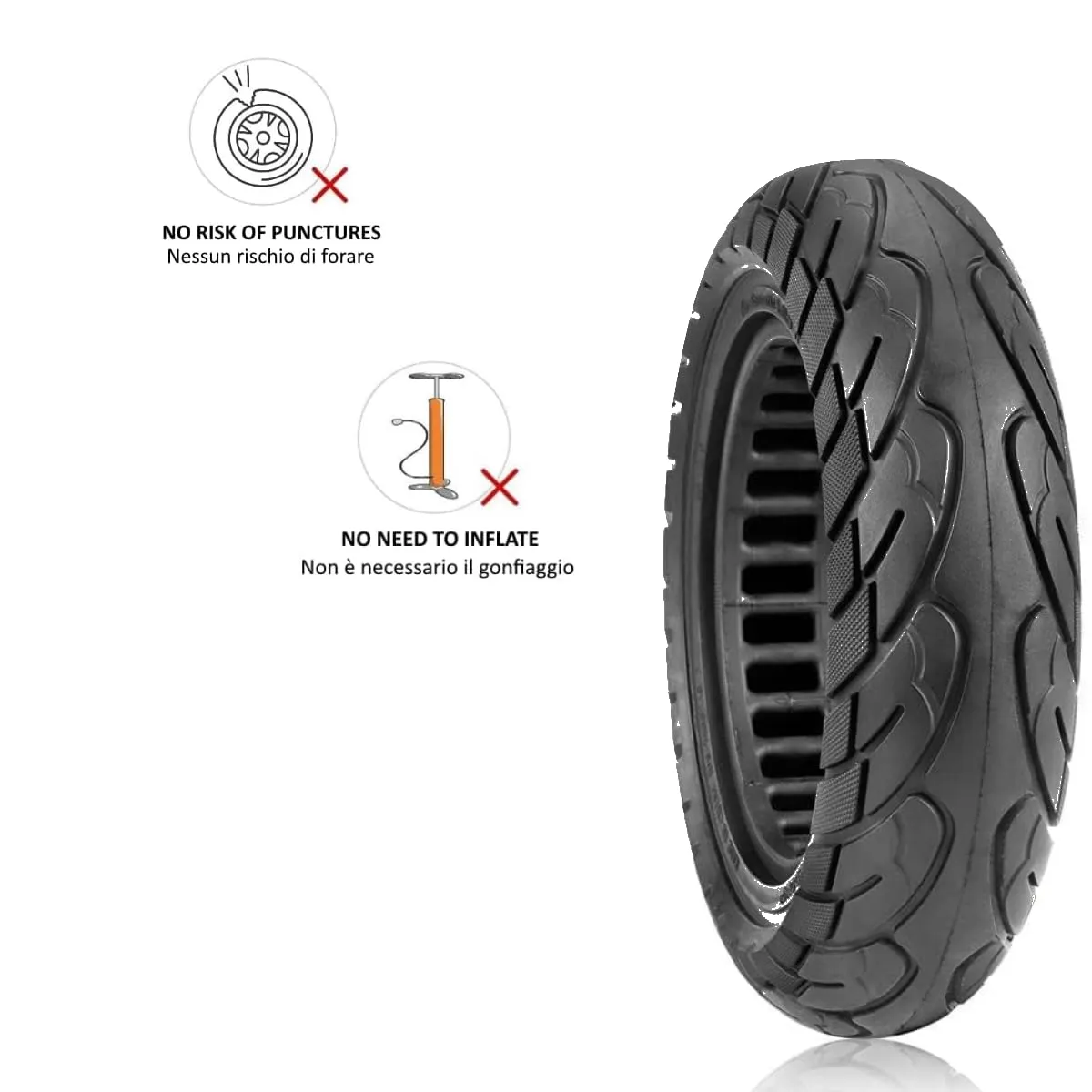 ECOVELO Pneumatico Solido 10 x 2.125 per Monopattino e Scooter Elettrico, Gomma Piena Antiforatura (Nero con linea gialla) - immagine 3