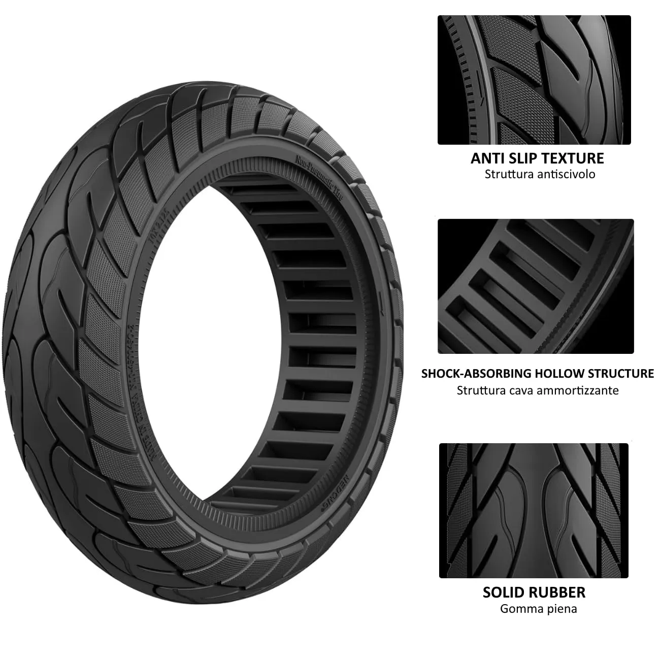 ECOVELO Pneumatico Solido 10 x 2.125 per Monopattino e Scooter Elettrico, Gomma Piena Antiforatura (Nero con linea gialla) - immagine 4