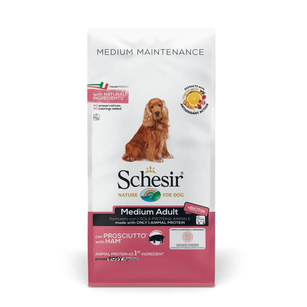 Schesir Cibo Secco per Cani Adulti di Media Taglia al Gusto Prosciutto, Linea Mantenimento, 12kg - immagine 1