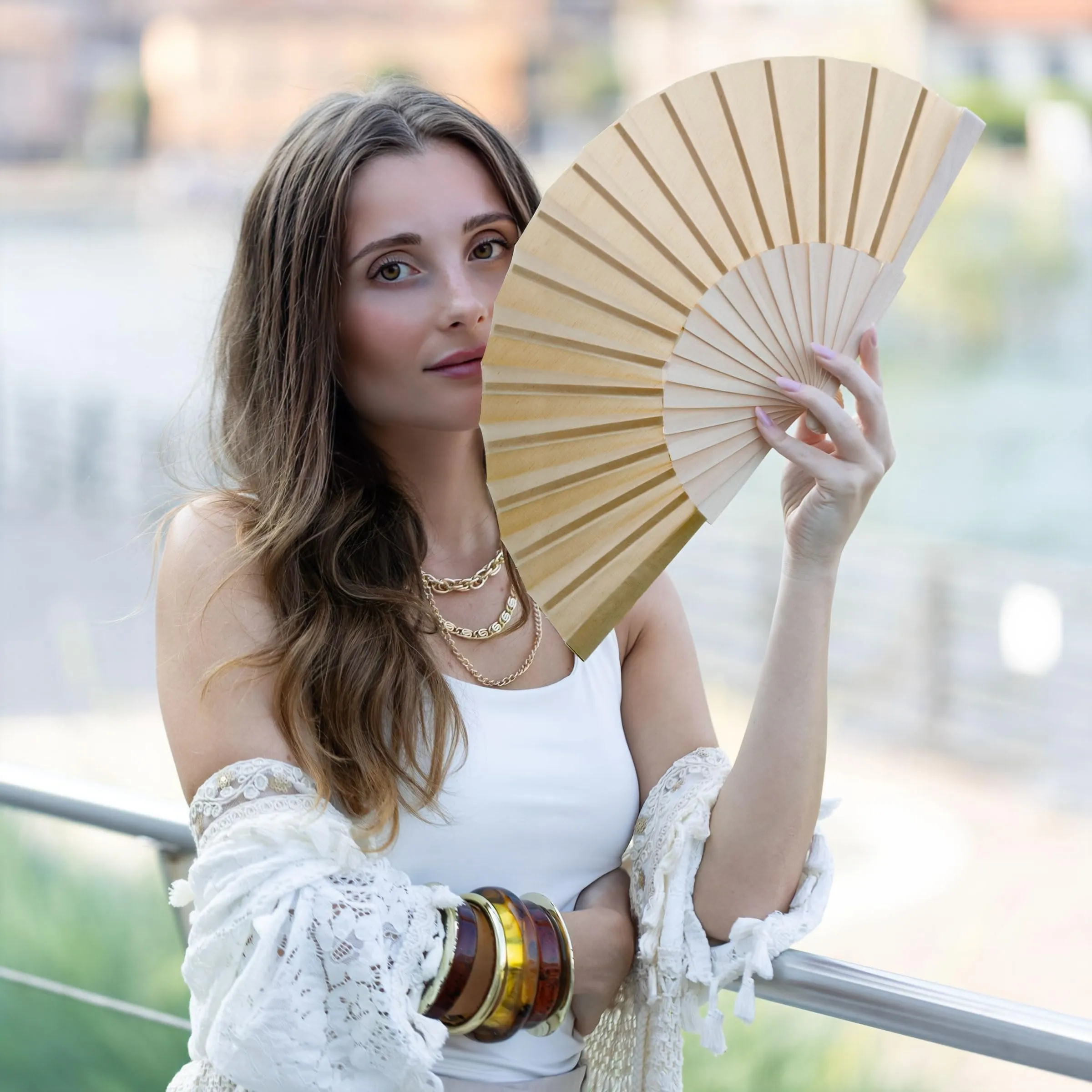 MAPIMANIA Ventaglio Pieghevole in Tessuto e Legno, Beige, Taglia Unica - immagine 2