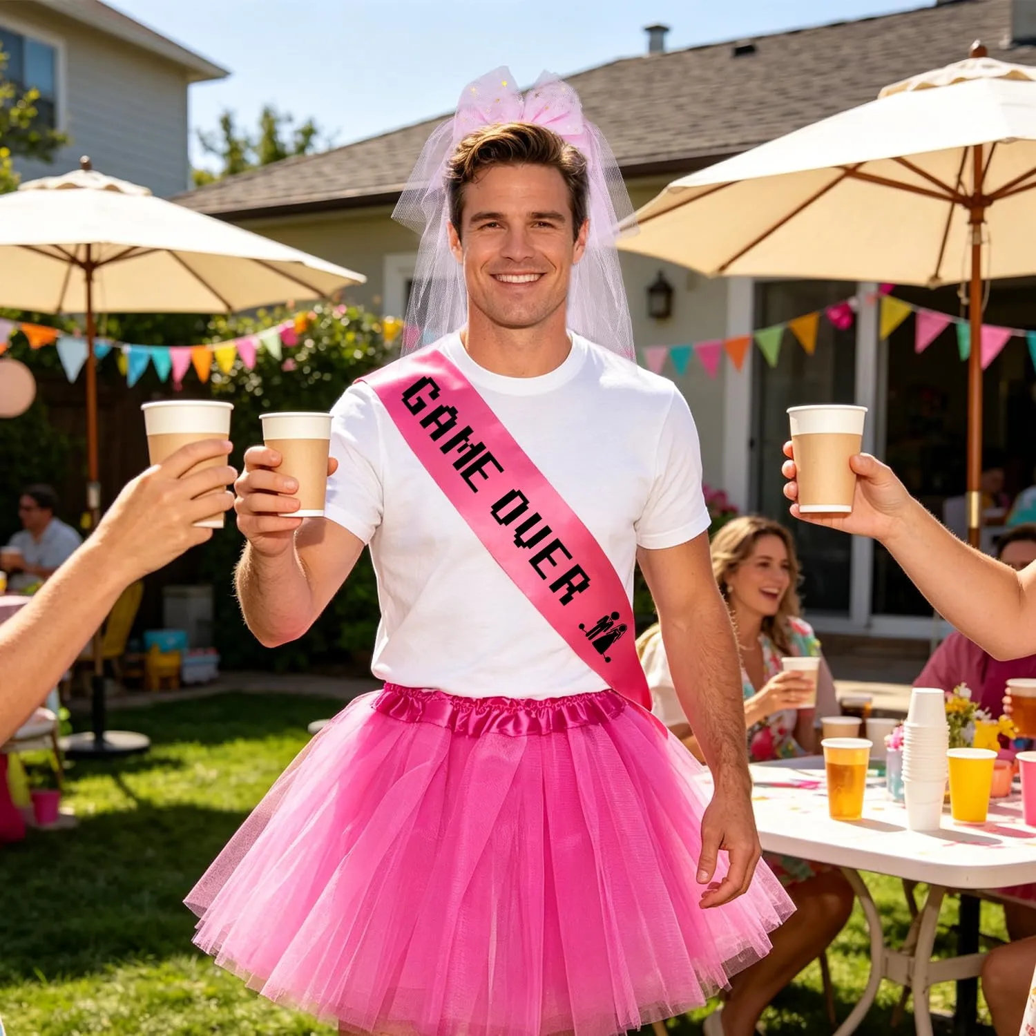 Augesak Set Costume Addio al Celibato Uomo con Cerchietto, Cintura e Tutù - Rosa - immagine 7
