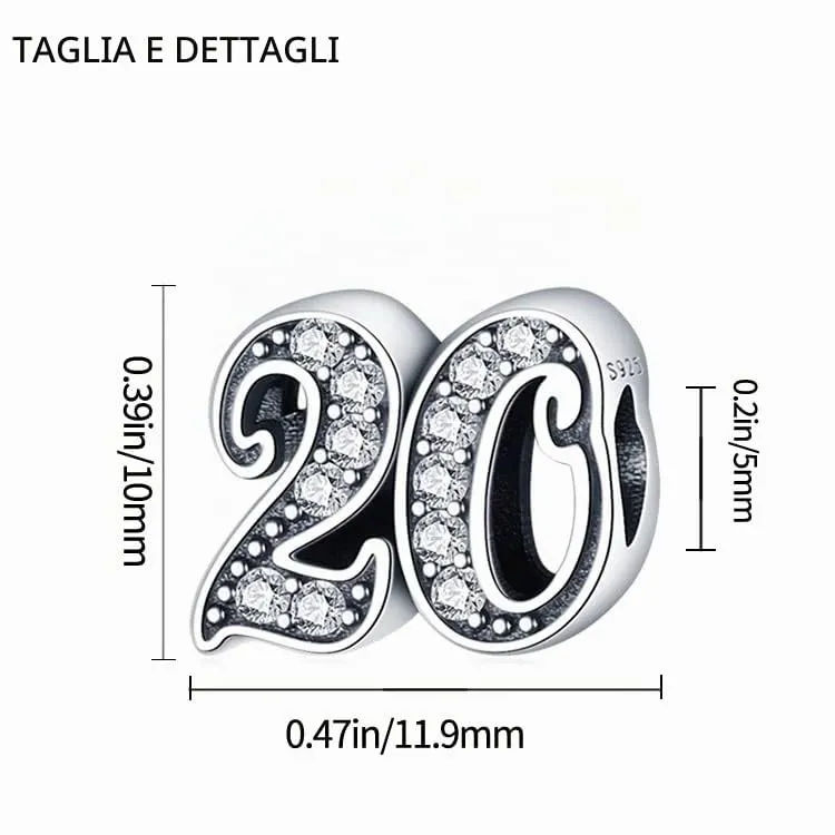 MariaFonte Charm Numero 20 in Argento Sterling e Zirconia Bianca - immagine 9