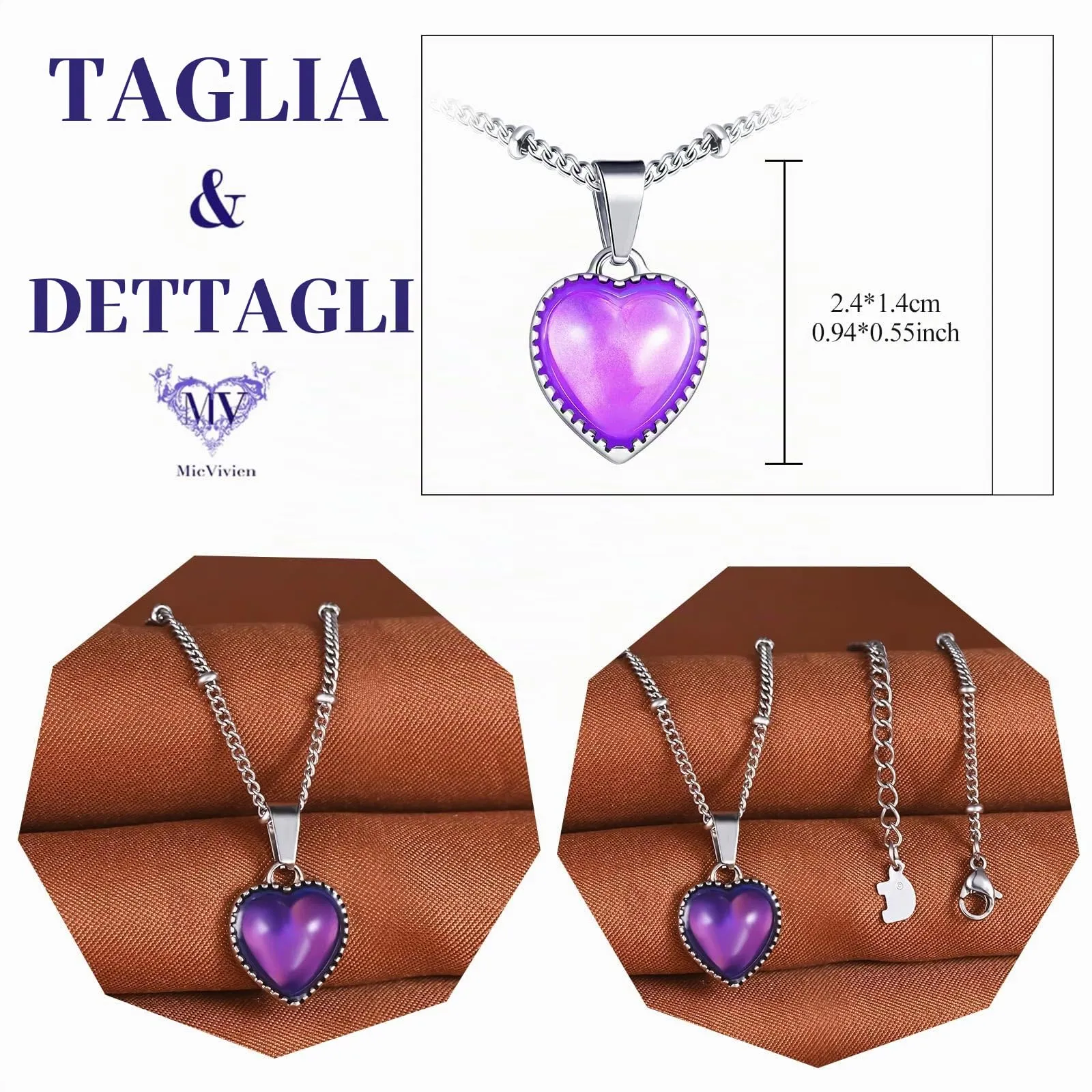 MicVivien Collana Emozioni con Ciondolo a Cuore Cambia Colore in Acciaio Inox - immagine 2