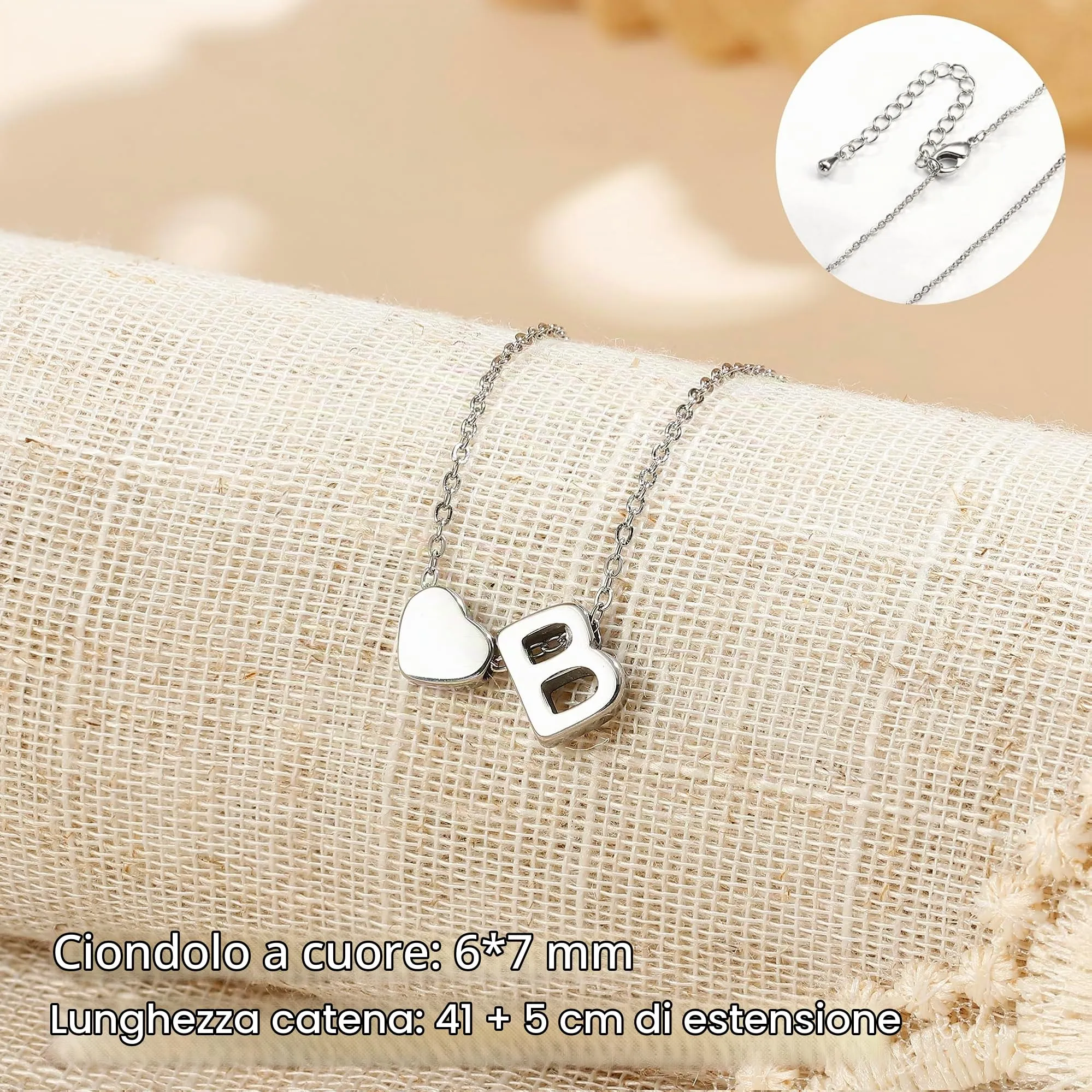 LOLIAS Collana Personalizzata Donna con Ciondolo Cuore e Iniziale in Acciaio Inossidabile, Argento, 41 cm - immagine 3