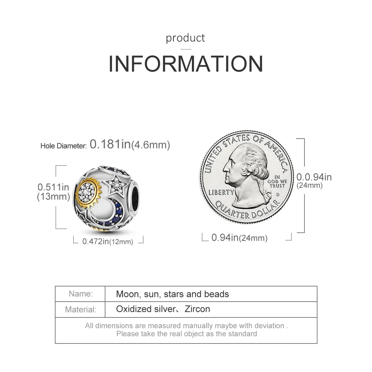 CYCUFF Sterling Silver 925 Charms for European Bracelets and Necklaces (Luna Sole Stella) - immagine 5