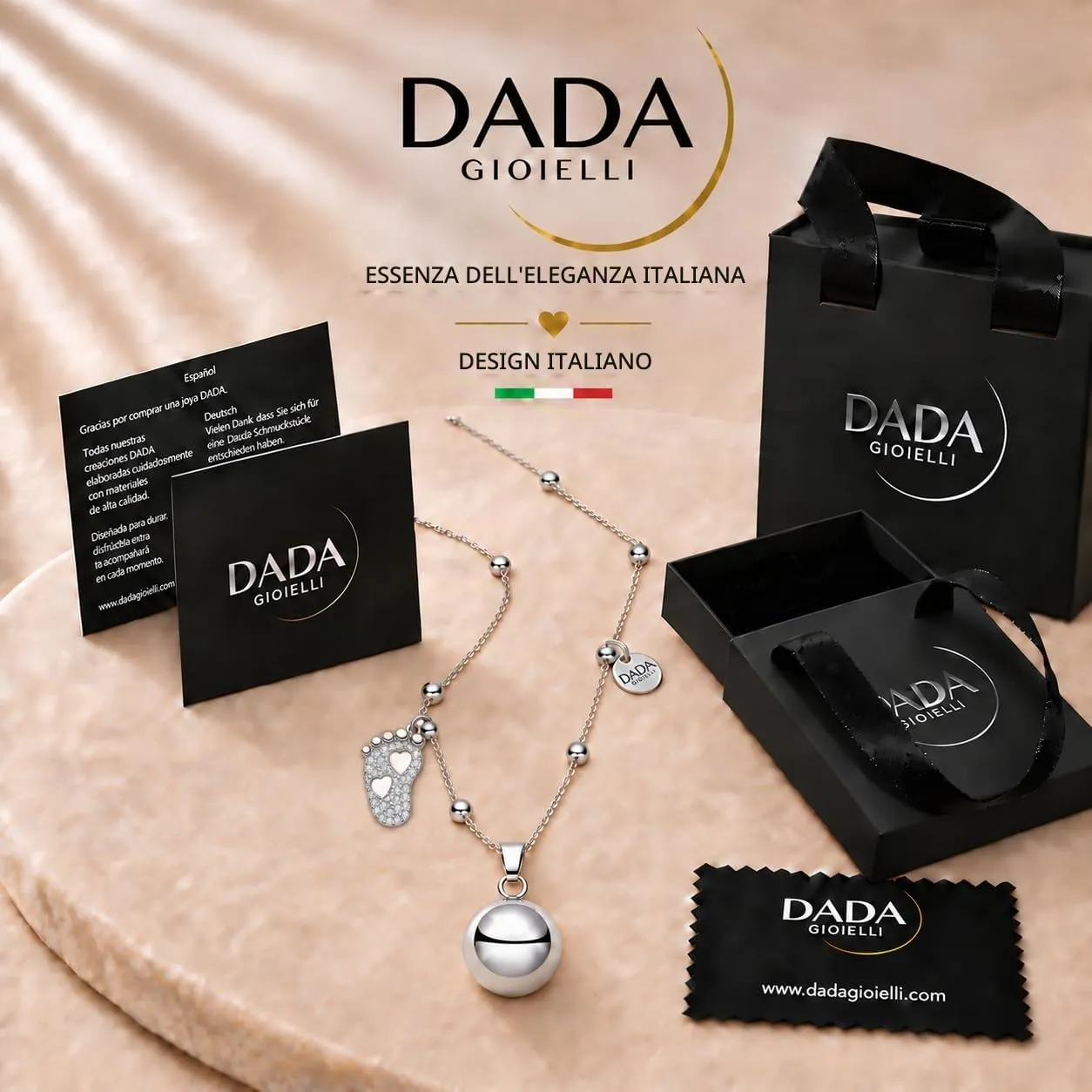 Dada Gioielli Collana Chiama Angeli Gravidanza Piedino 2 Cuori, 110 cm Acciaio Anallergico - immagine 6