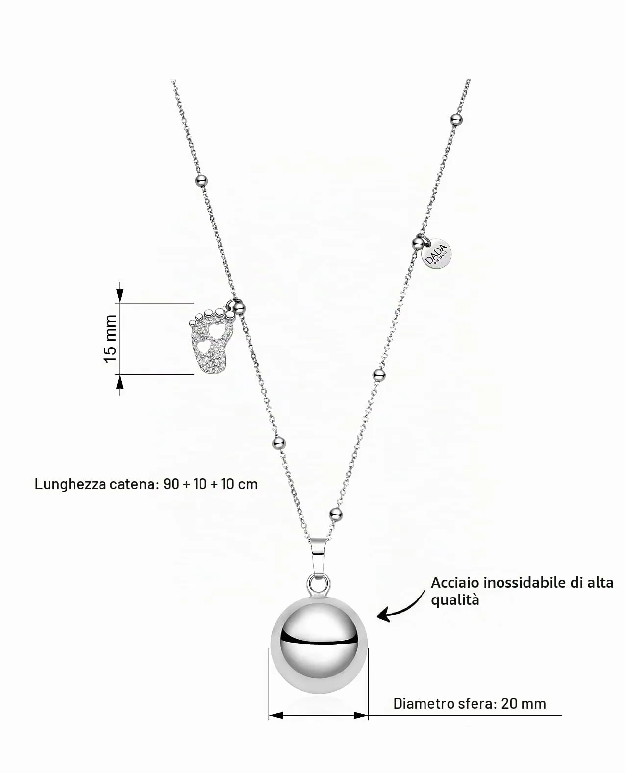 Dada Gioielli Collana Chiama Angeli Gravidanza Piedino 2 Cuori, 110 cm Acciaio Anallergico - immagine 8