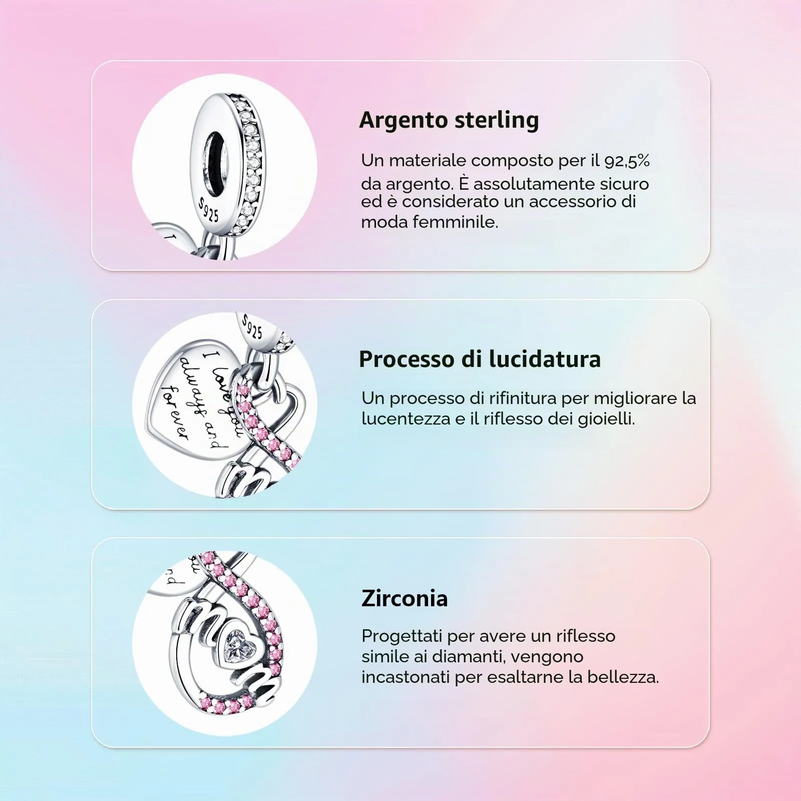 XWN Ciondolo in Argento Sterling 925 con Cubic Zirconia per Braccialetti e Collane Europee - immagine 5