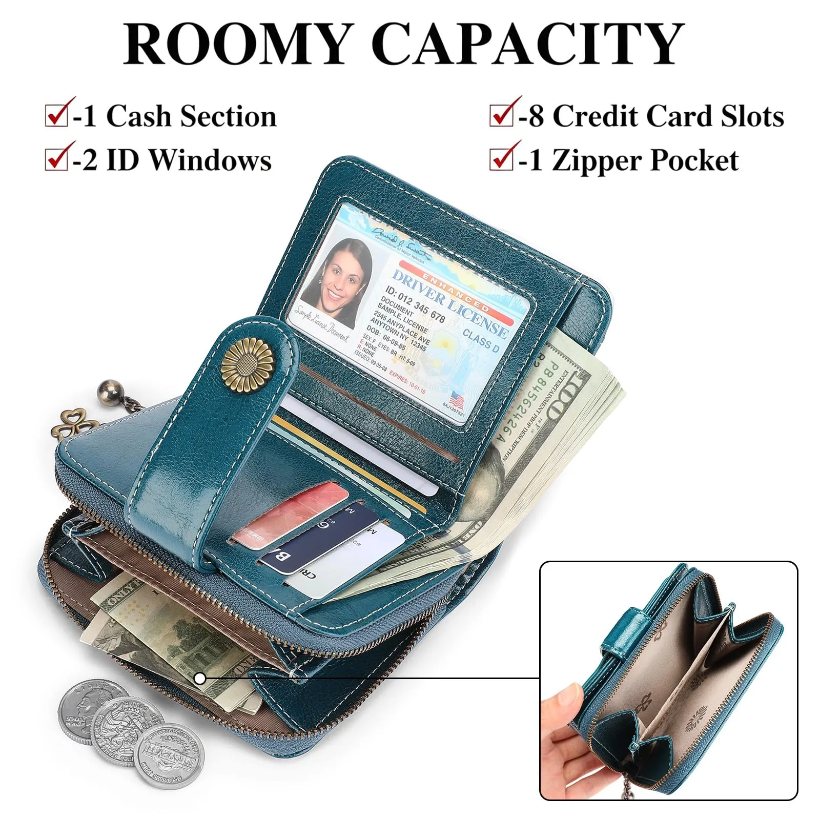 SENDEFN Portafoglio Donna in Pelle Vegana con Blocco RFID, 8 Scomparti per Carte, 2 Finestre ID e Tasca con Cerniera - immagine 4