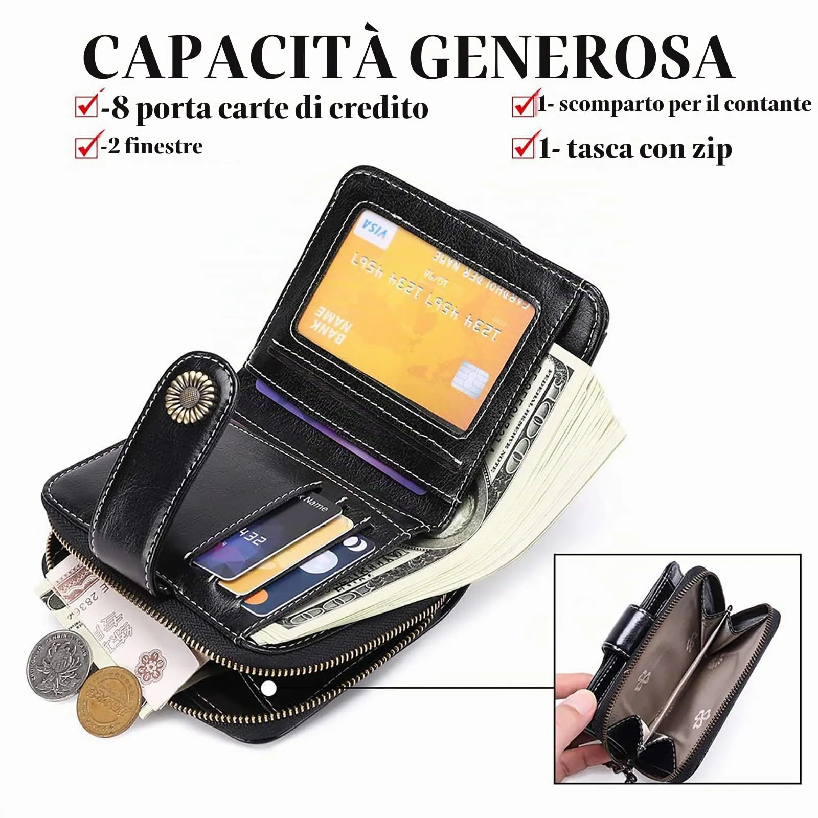 SENDEFN Portafoglio Donna in Vera Pelle con Blocco RFID, 8 Scomparti per Carte, 2 Finestre di Identificazione e Tasca con Cerniera - immagine 2