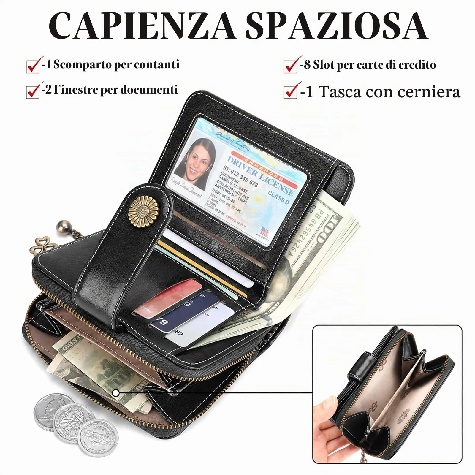 SENDEFN Portafoglio Donna in Vera Pelle con Blocco RFID, 8 Scomparti per Carte, 2 Finestre di Identificazione e Tasca con Cerniera - immagine 5