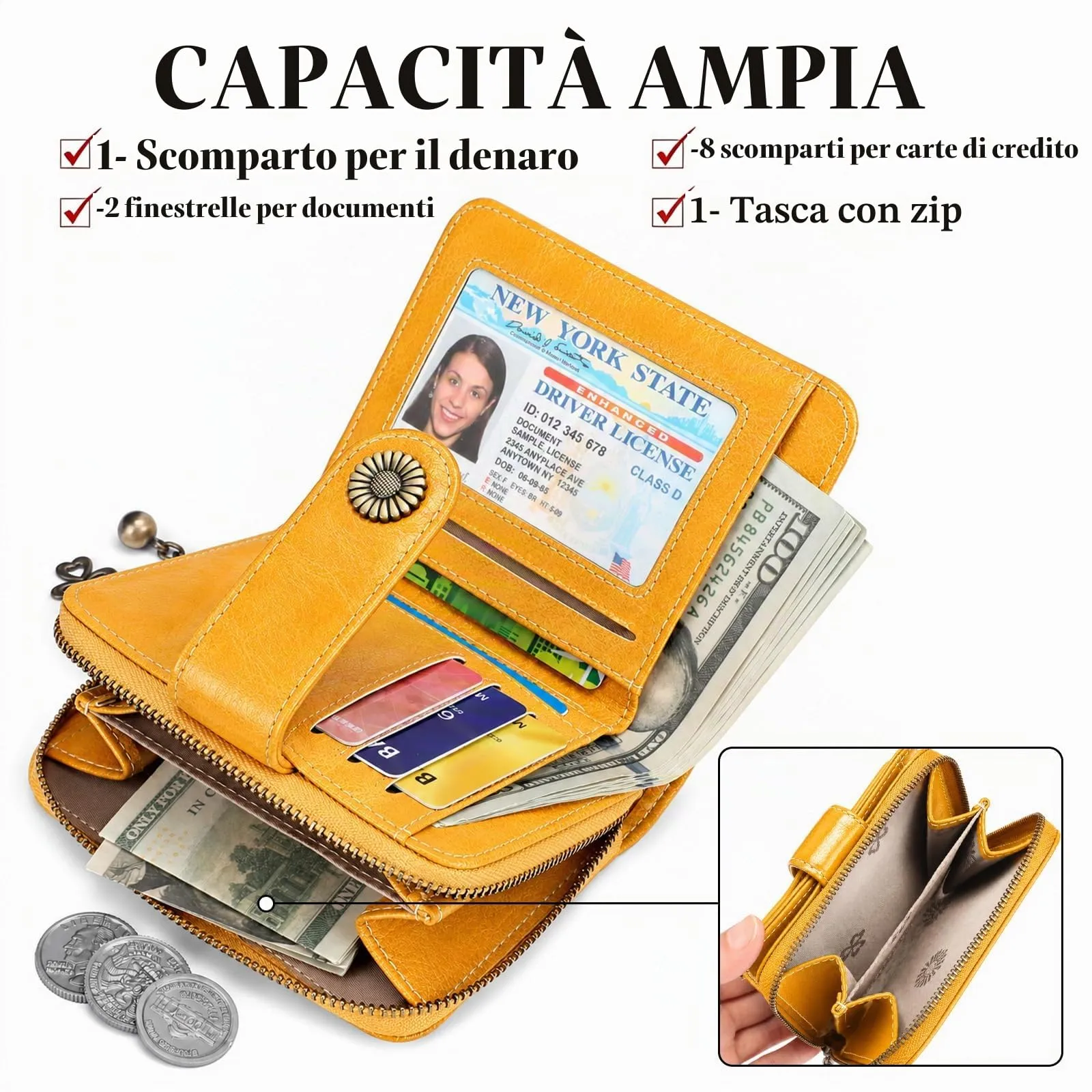 SENDEFN Portafoglio Donna in Pelle Vegana con Blocco RFID, 8 Scomparti per Carte, 2 Finestre di Identificazione e Tasca con Cerniera - immagine 2
