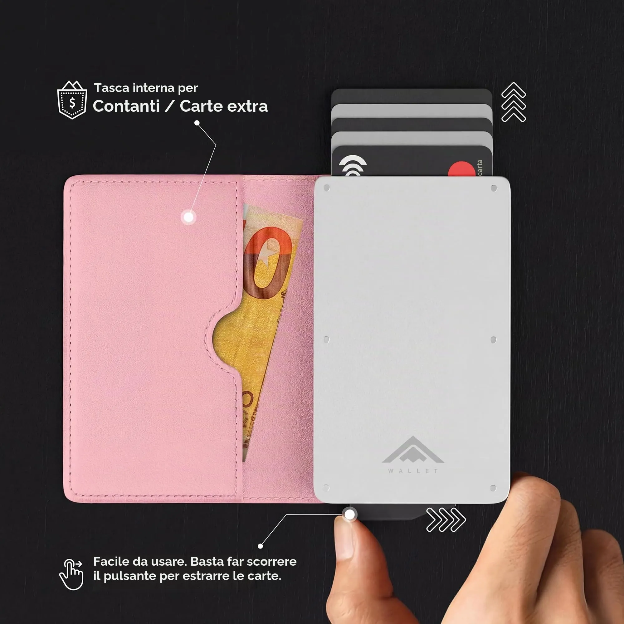 Stealth Wallet Portafoglio Portacarte RFID/NFC Pop-Up Rosa da Donna - immagine 5