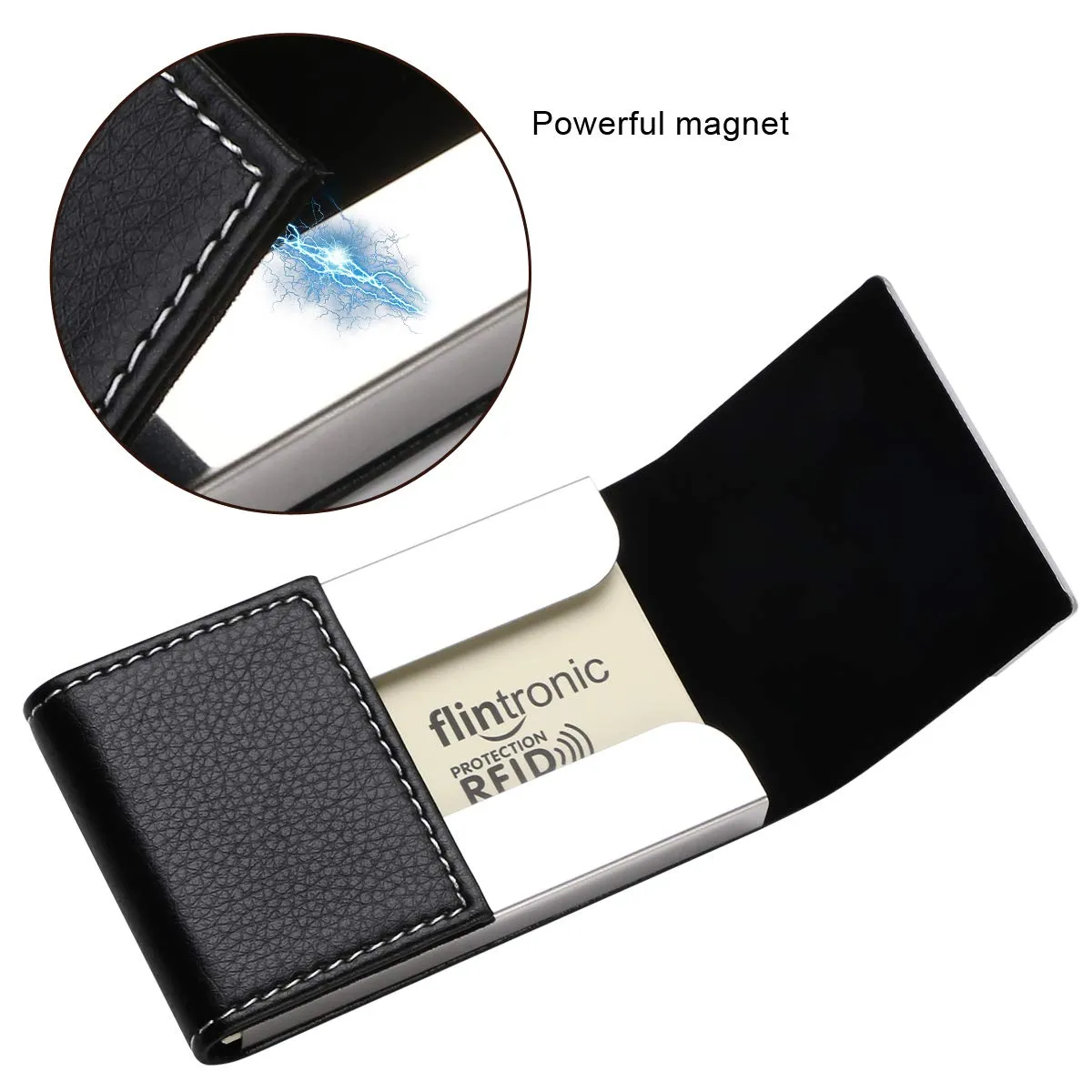 flintronic Porta Carte di Credito in Acciaio Inossidabile e Pelle PU, Slim e Tascabile, Nero - immagine 2