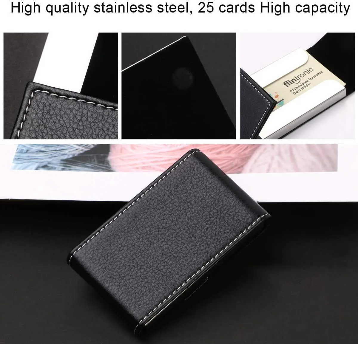 flintronic Porta Carte di Credito in Acciaio Inossidabile e Pelle PU, Slim e Tascabile, Nero - immagine 4