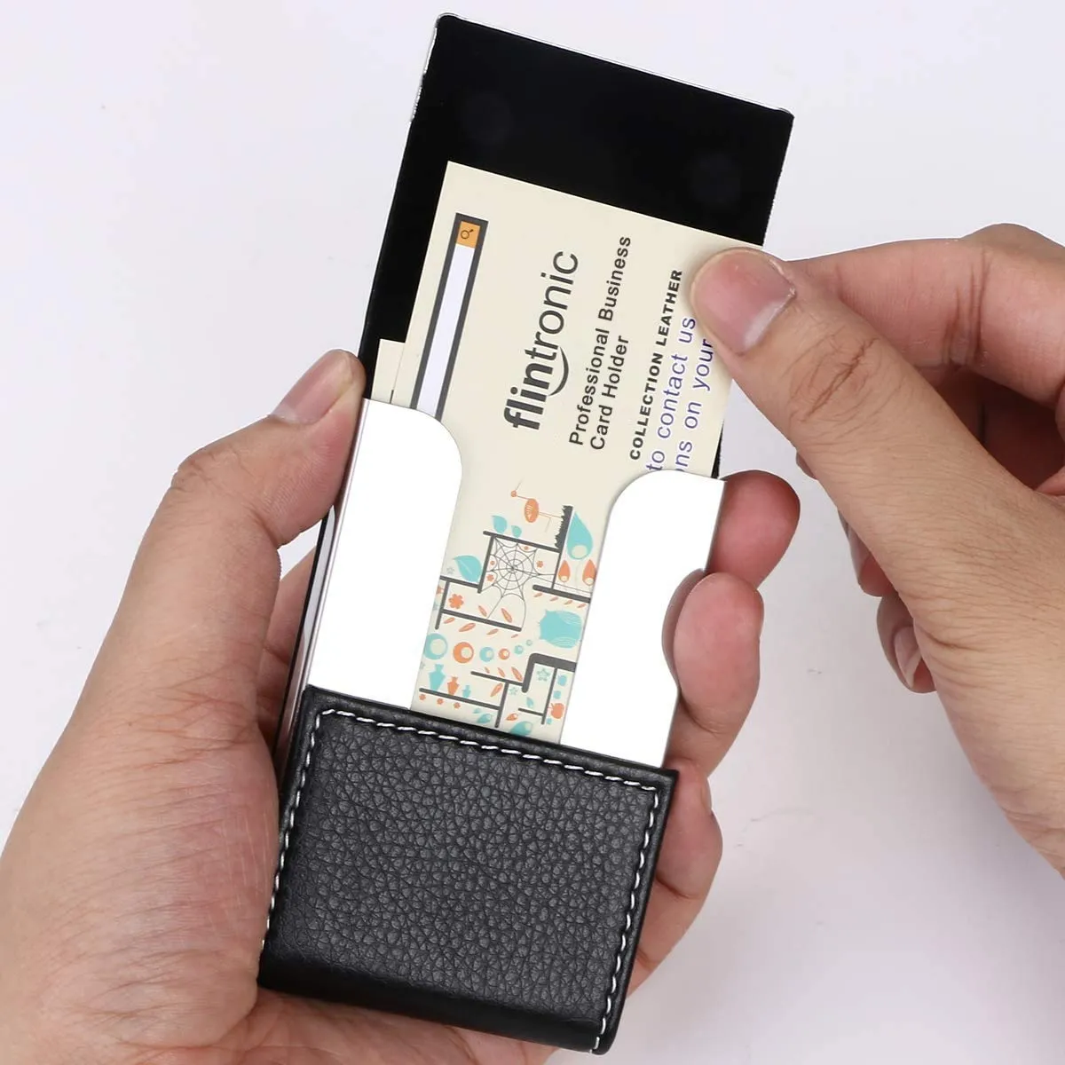 flintronic Porta Carte di Credito in Acciaio Inossidabile e Pelle PU, Slim e Tascabile, Nero - immagine 5