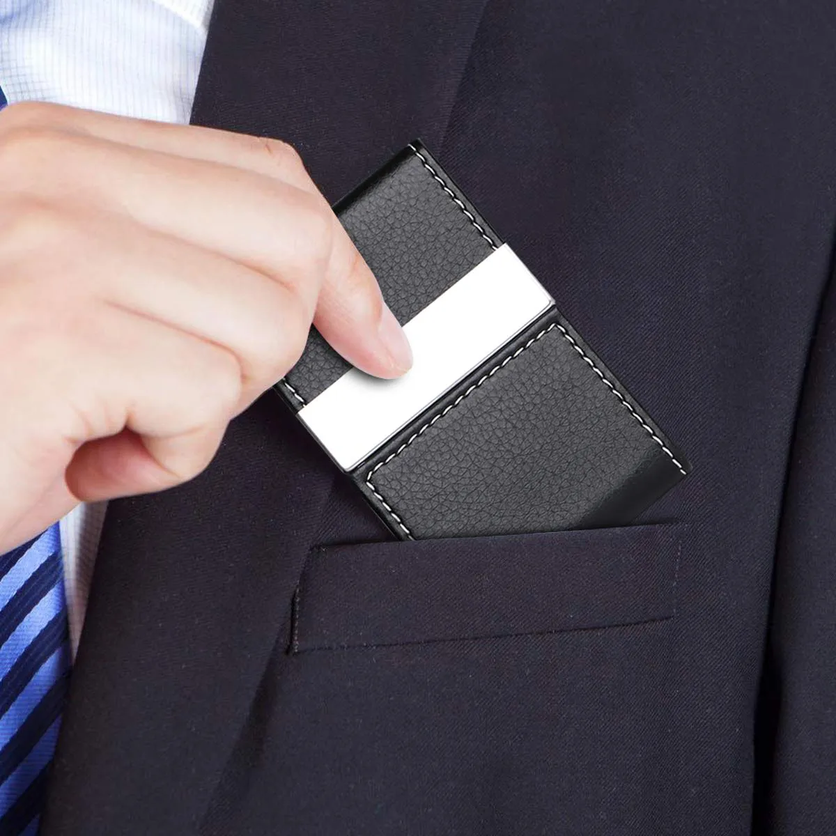 flintronic Porta Carte di Credito in Acciaio Inossidabile e Pelle PU, Slim e Tascabile, Nero - immagine 7
