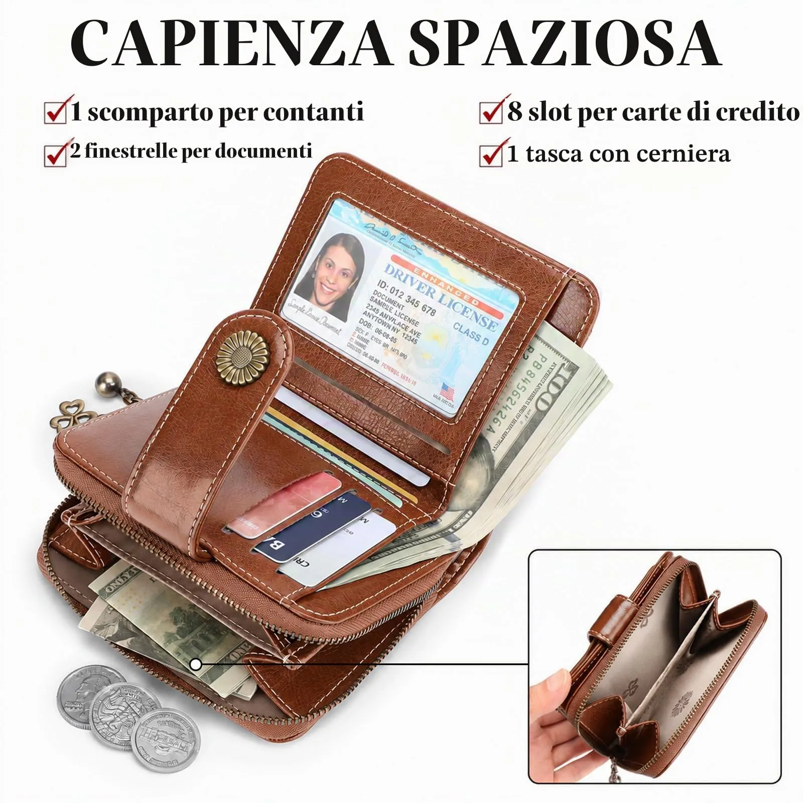 SENDEFN Portafoglio Donna in Pelle Vegana con Blocco RFID, 8 Scomparti per Carte, 2 Finestre di Identificazione e Tasca con Cerniera - immagine 5