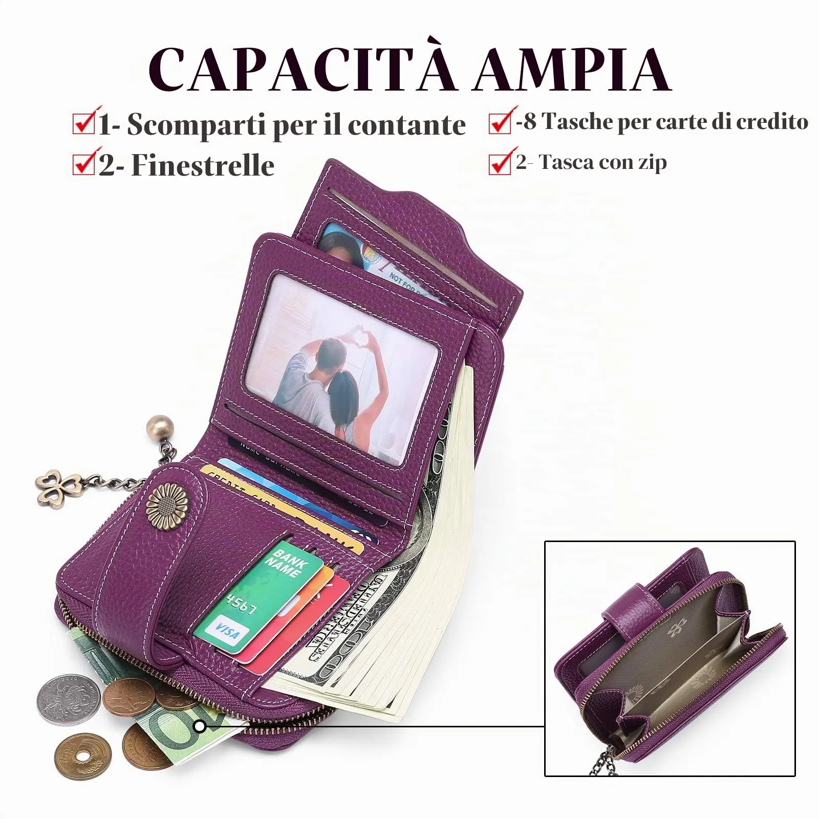 SENDEFN Portafoglio Donna in Pelle Vegana con Blocco RFID, 8 Scomparti per Carte, 2 Finestre di Identificazione e Tasca con Cerniera - immagine 4