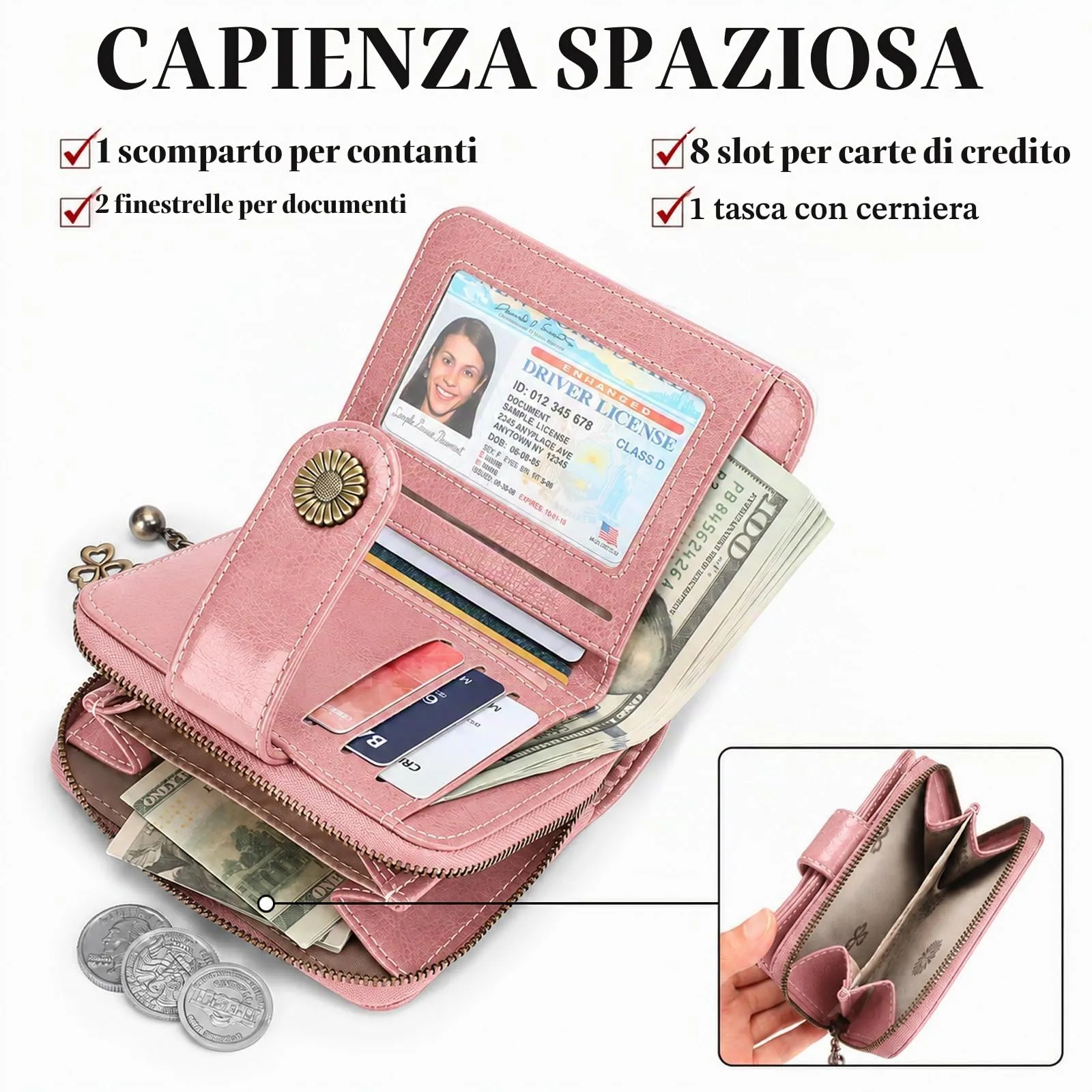 SENDEFN Portafoglio Donna in Pelle Vegana con Blocco RFID, 8 Scomparti per Carte, 2 Finestre di Identificazione e Tasca con Cerniera - immagine 5