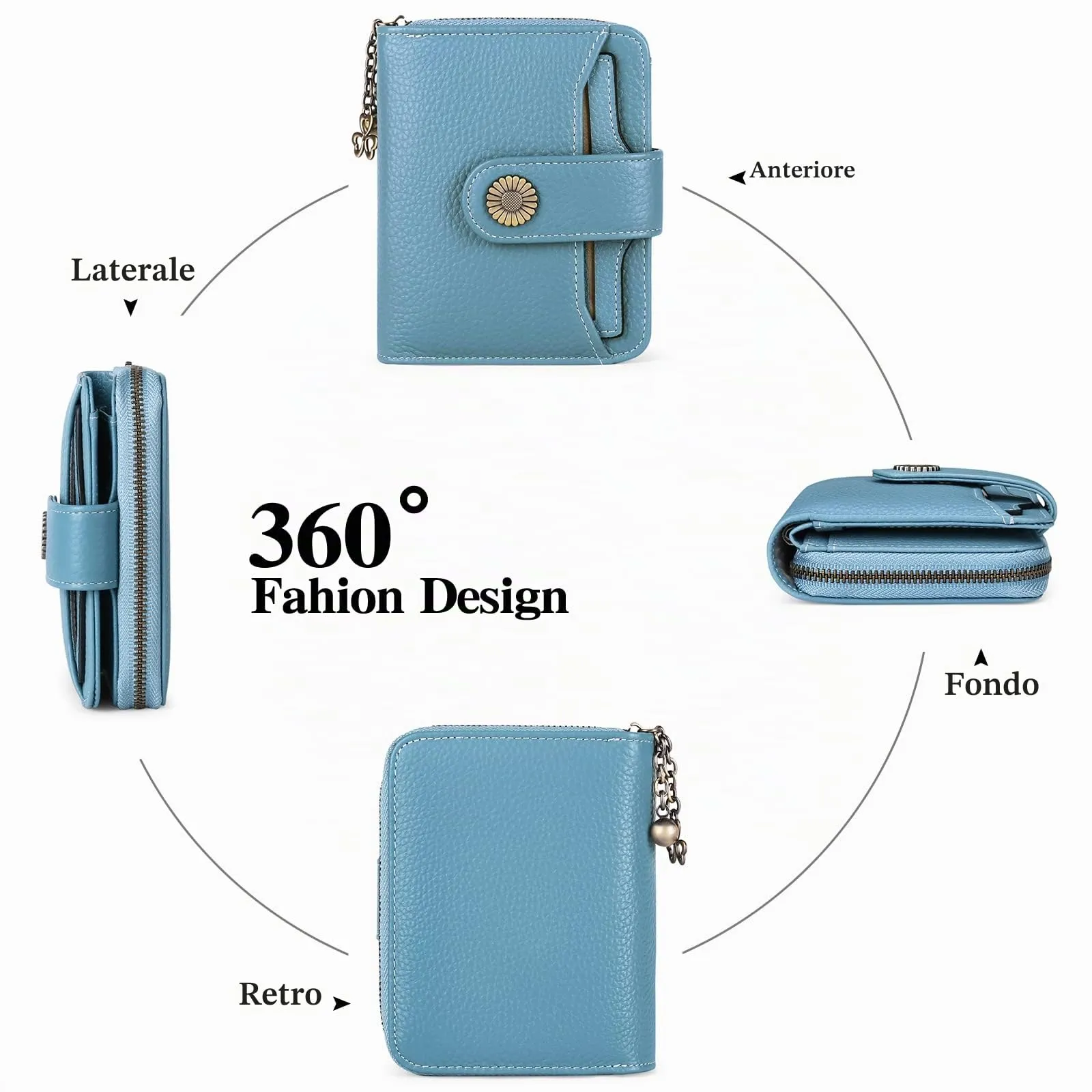 SENDEFN Portafoglio Donna in Vera Pelle con Blocco RFID, 8 Scomparti per Carte, 2 Finestre di Identificazione e Tasca con Cerniera - immagine 3