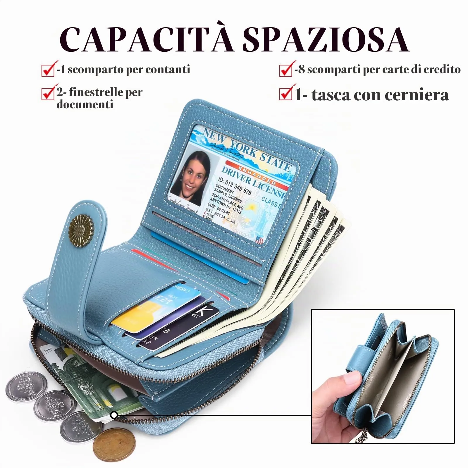 SENDEFN Portafoglio Donna in Vera Pelle con Blocco RFID, 8 Scomparti per Carte, 2 Finestre di Identificazione e Tasca con Cerniera - immagine 4