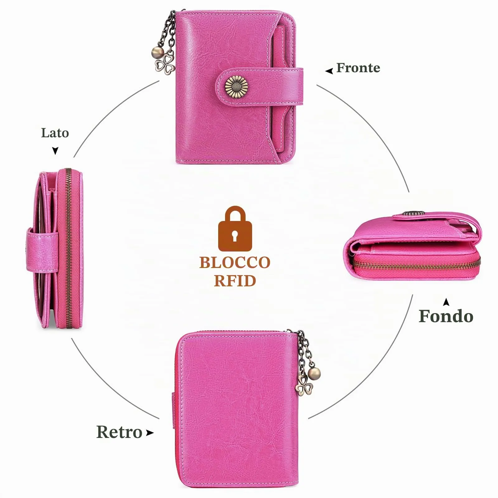 SENDEFN Portafoglio Donna in Vera Pelle con Blocco RFID, 8 Scomparti per Carte e Tasca con Cerniera - immagine 3