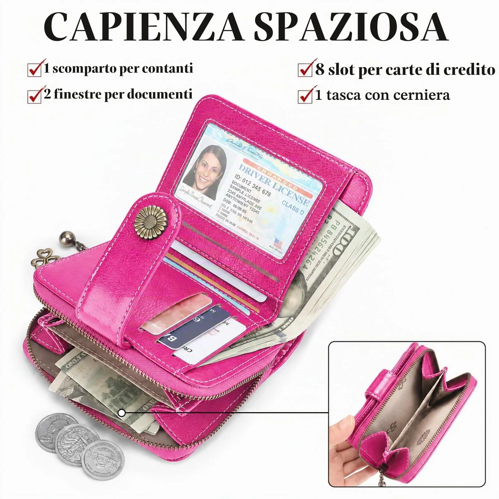 SENDEFN Portafoglio Donna in Vera Pelle con Blocco RFID, 8 Scomparti per Carte e Tasca con Cerniera - immagine 4