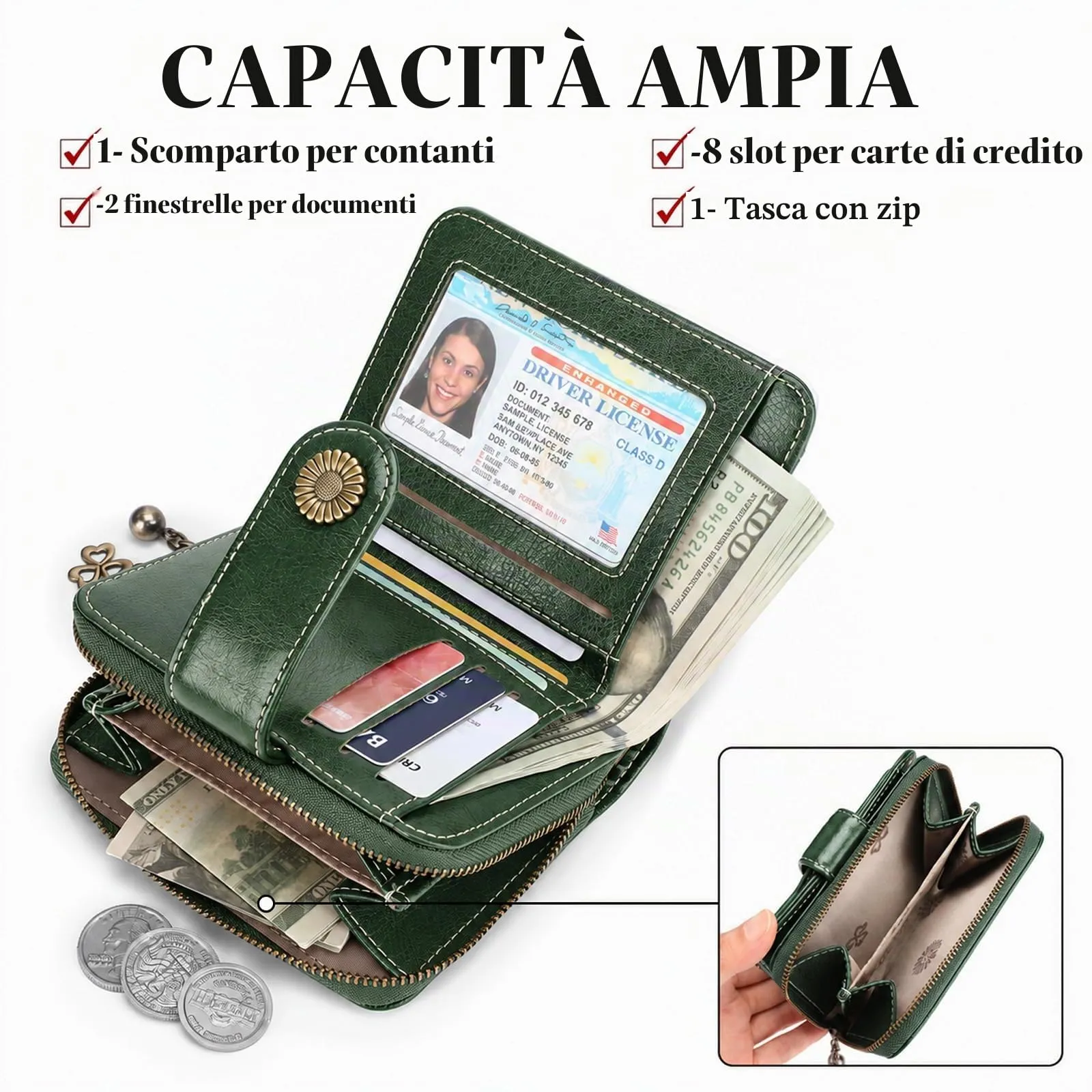 SENDEFN Portafoglio Donna in Pelle Vegana con Blocco RFID, 8 Scomparti per Carte, 2 Finestre ID e Tasca con Cerniera - immagine 4