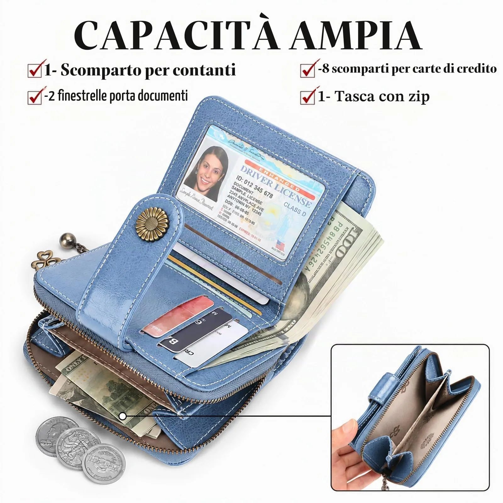SENDEFN Portafoglio Donna in Vera Pelle con Blocco RFID, 8 Scomparti per Carte, 2 Finestre di Identità e Tasca con Cerniera - immagine 4