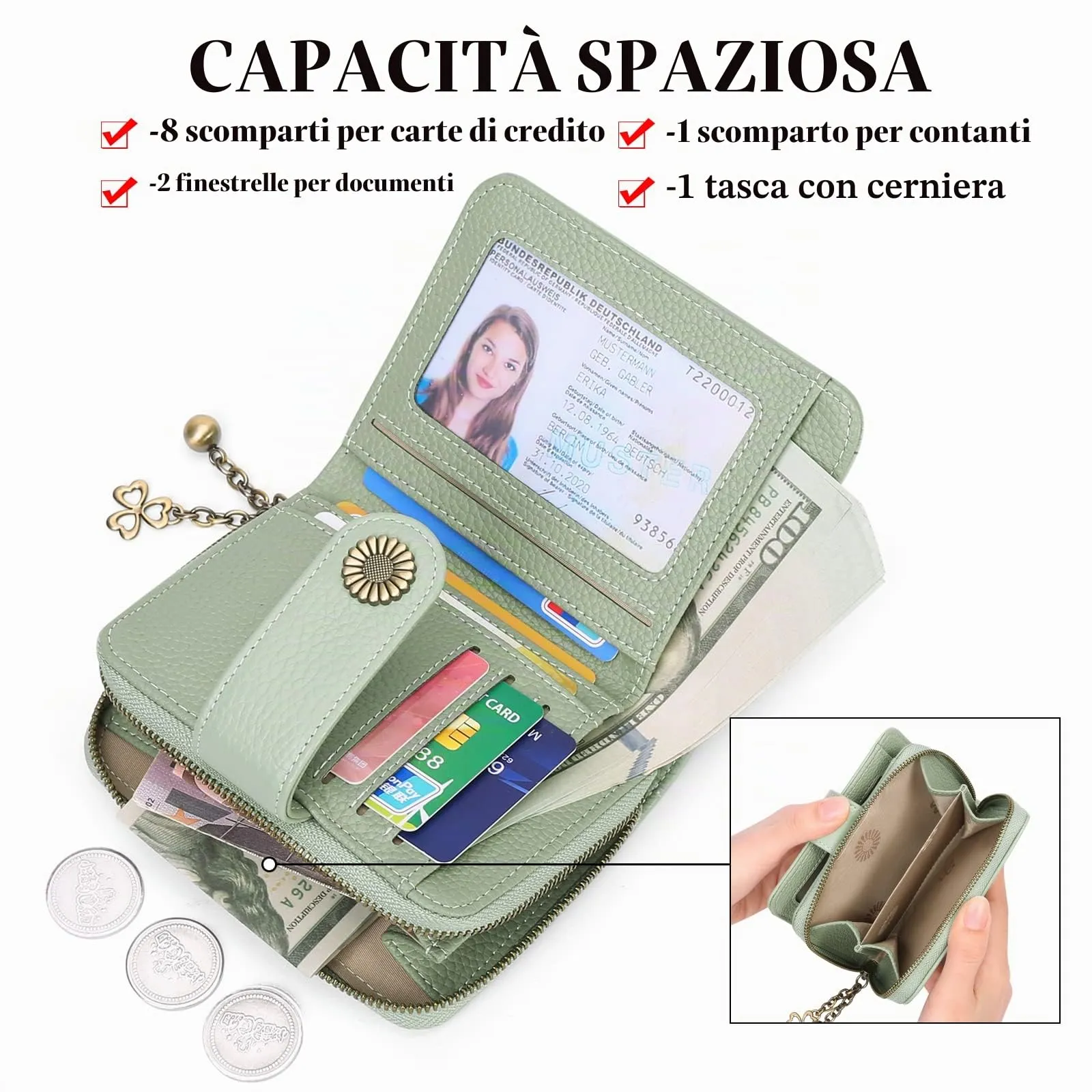 SENDEFN Portafoglio Donna in Pelle Vegana con Blocco RFID, 8 Scomparti per Carte, 2 Finestre di Identificazione e Tasca con Cerniera - immagine 4