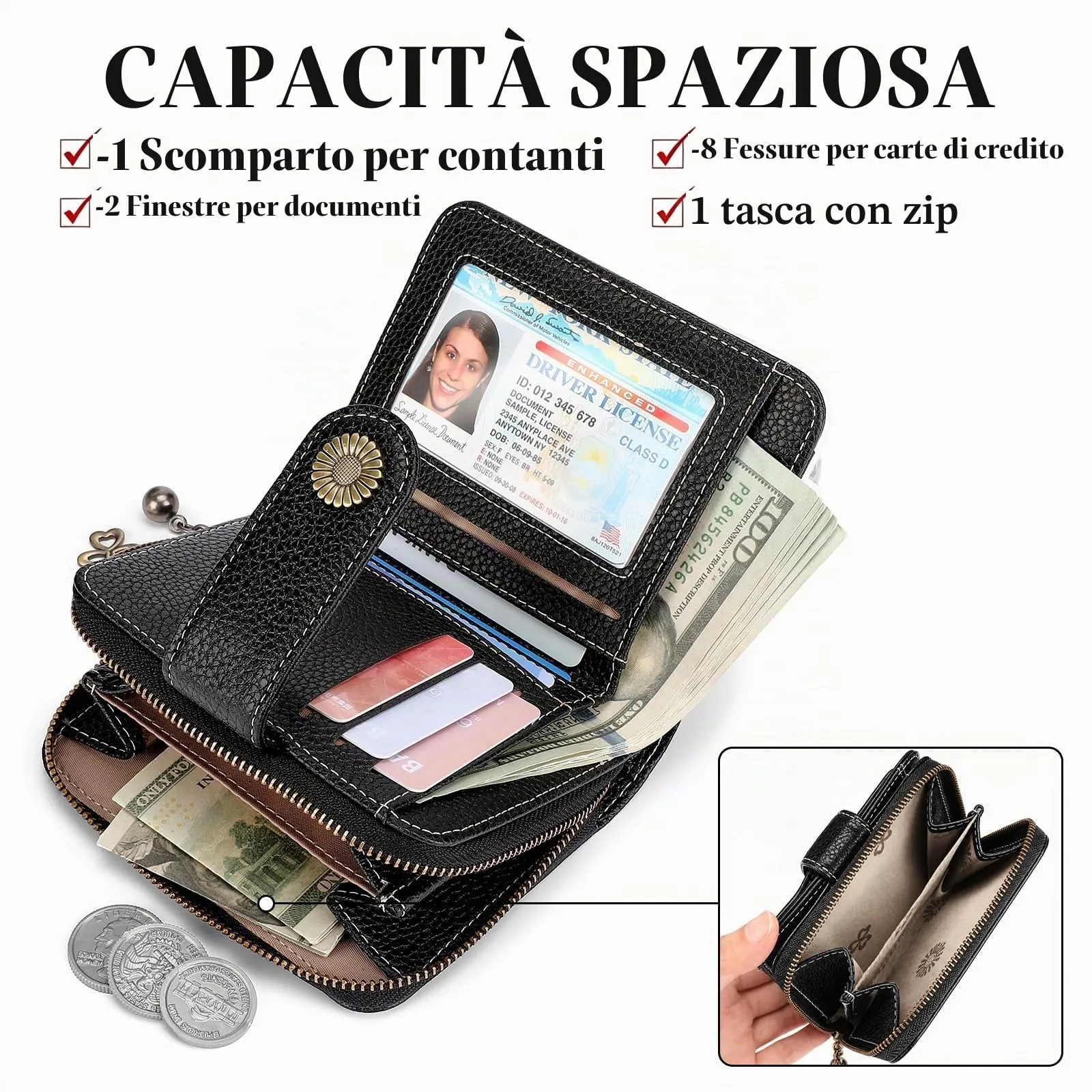 SENDEFN Portafoglio Donna in Pelle Vegana con Blocco RFID, 8 Scomparti per Carte, 2 Finestre ID e Tasca con Cerniera - immagine 4