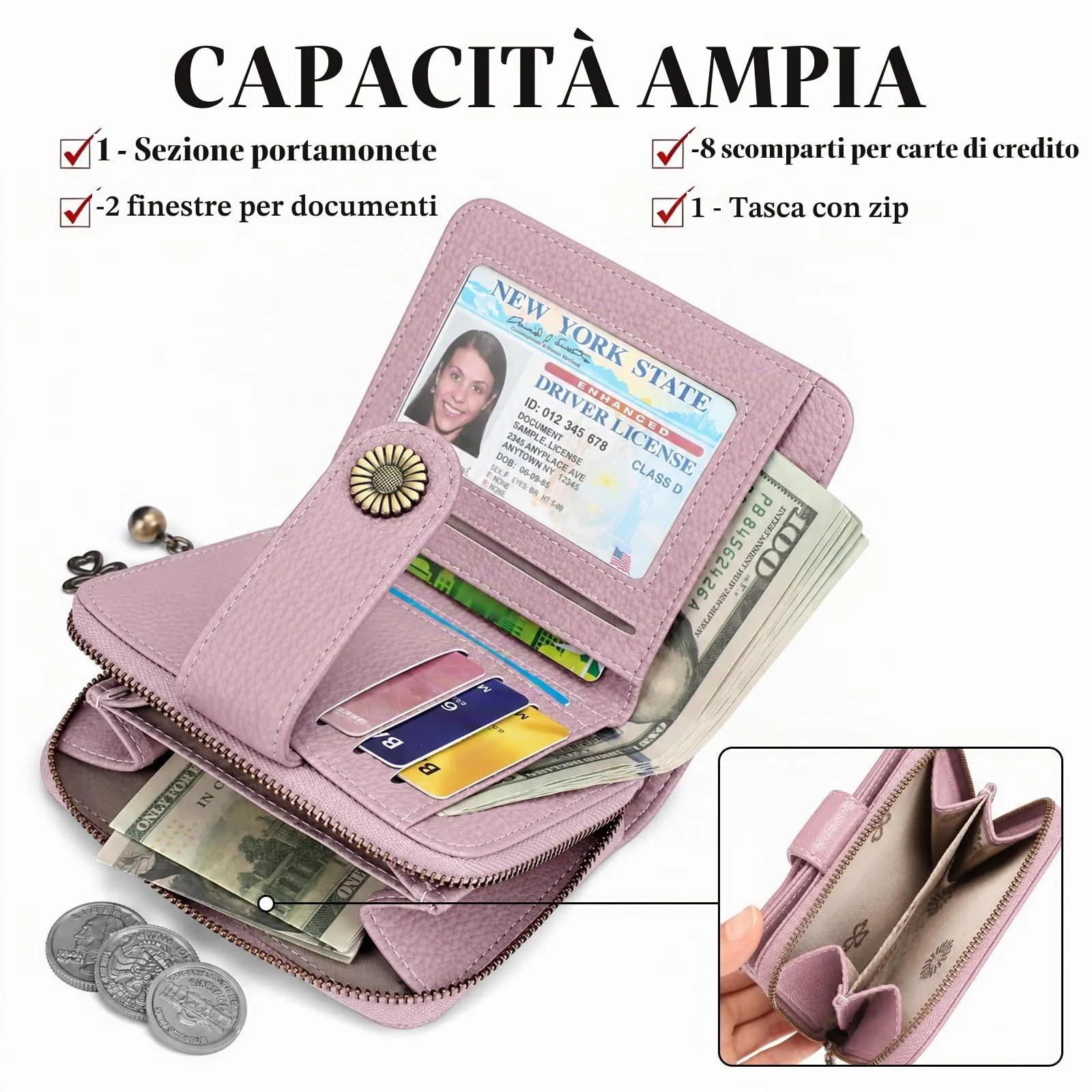 SENDEFN Portafoglio Donna in Pelle Vegana con Blocco RFID, 8 Scomparti per Carte, 2 Finestre ID e Tasca con Cerniera - immagine 4