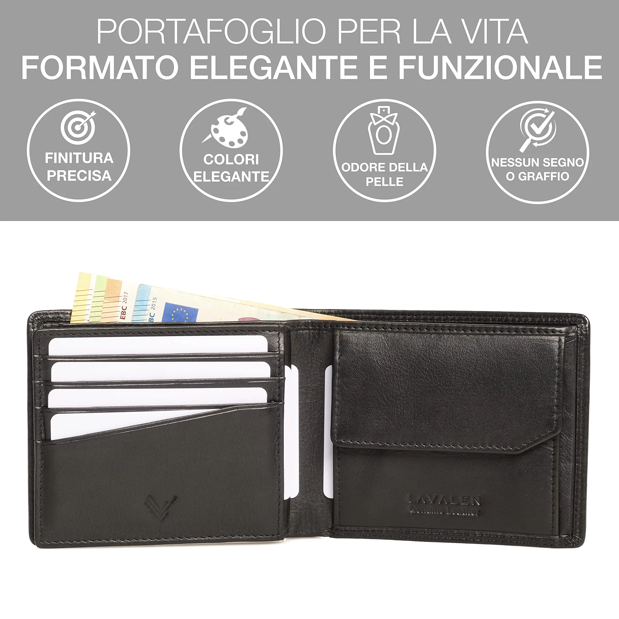 Lavalen Portafoglio Uomo in Pelle Vera RFID con Portamonete Grande - immagine 4