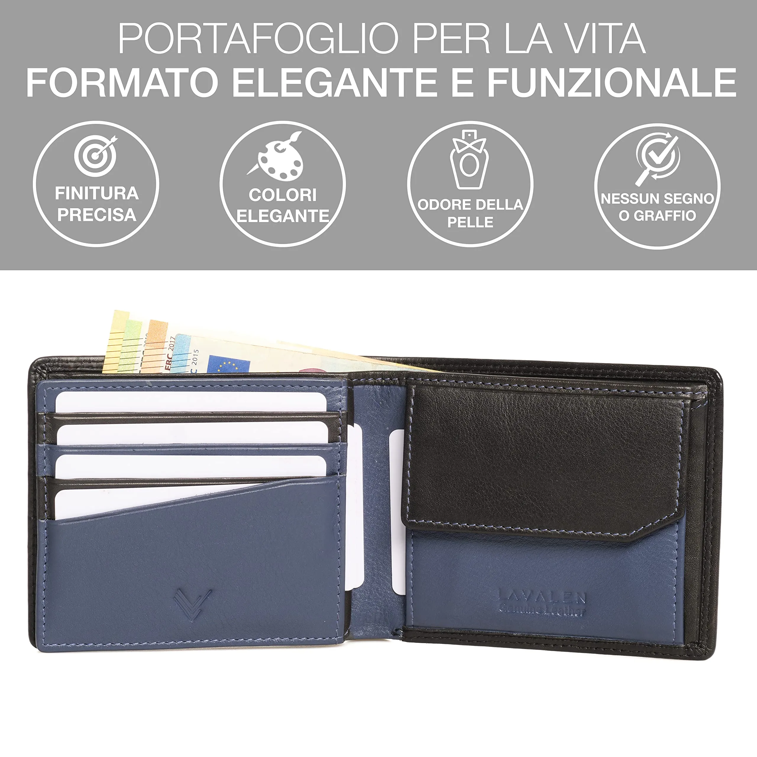 Lavalen Portafoglio Uomo in Pelle Vera RFID con Portamonete Grande - immagine 3
