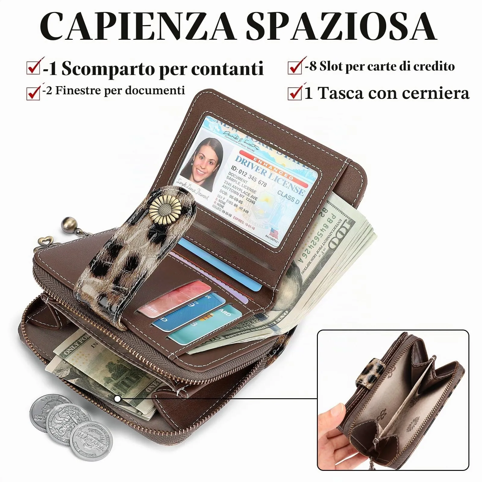 SENDEFN Portafoglio Donna in Pelle Vegana con Blocco RFID, 8 Scomparti per Carte, 2 Finestre di Identificazione e Tasca con Cerniera - immagine 5