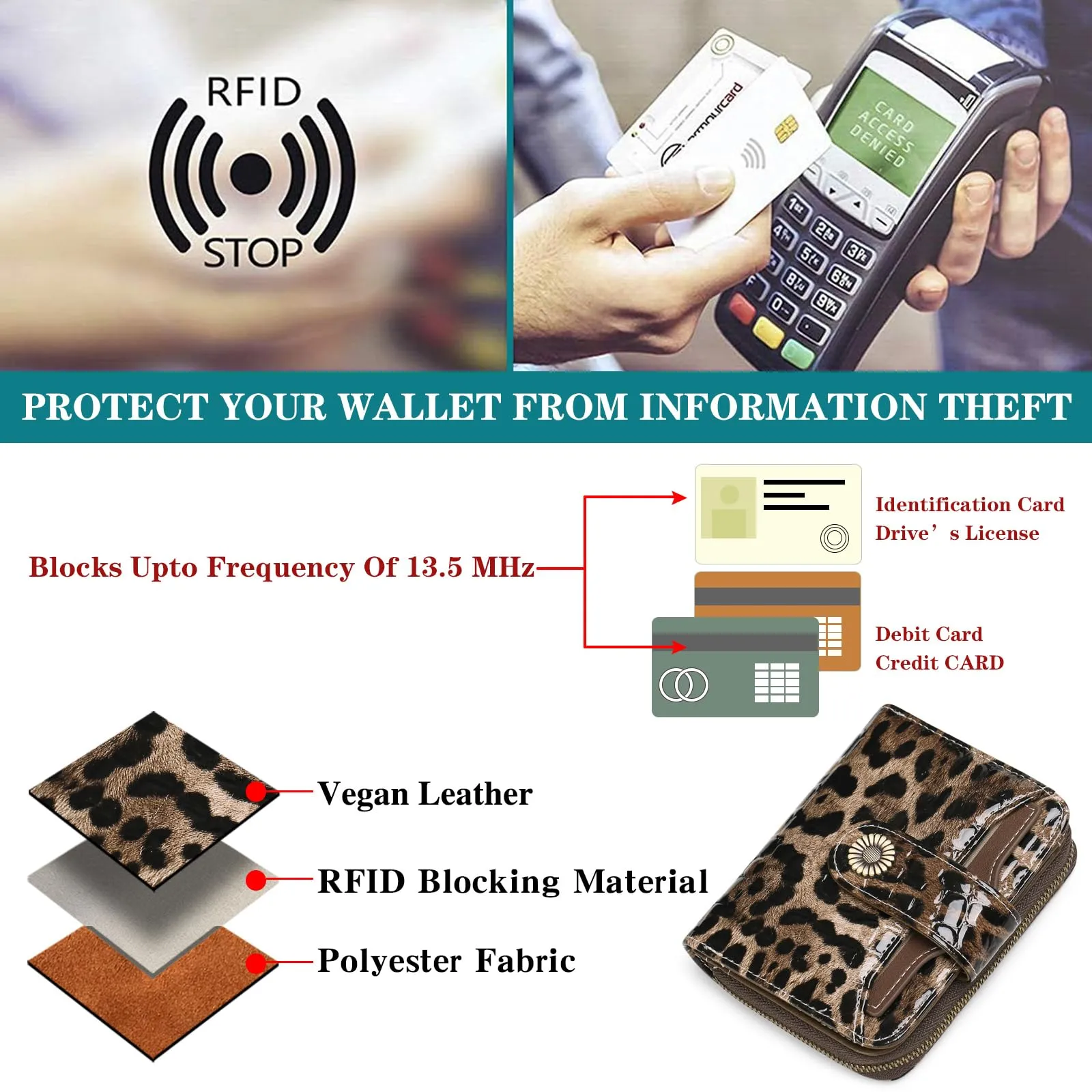 SENDEFN Portafoglio Donna in Pelle Vegana con Blocco RFID, 8 Scomparti per Carte, 2 Finestre di Identificazione e Tasca con Cerniera - immagine 9