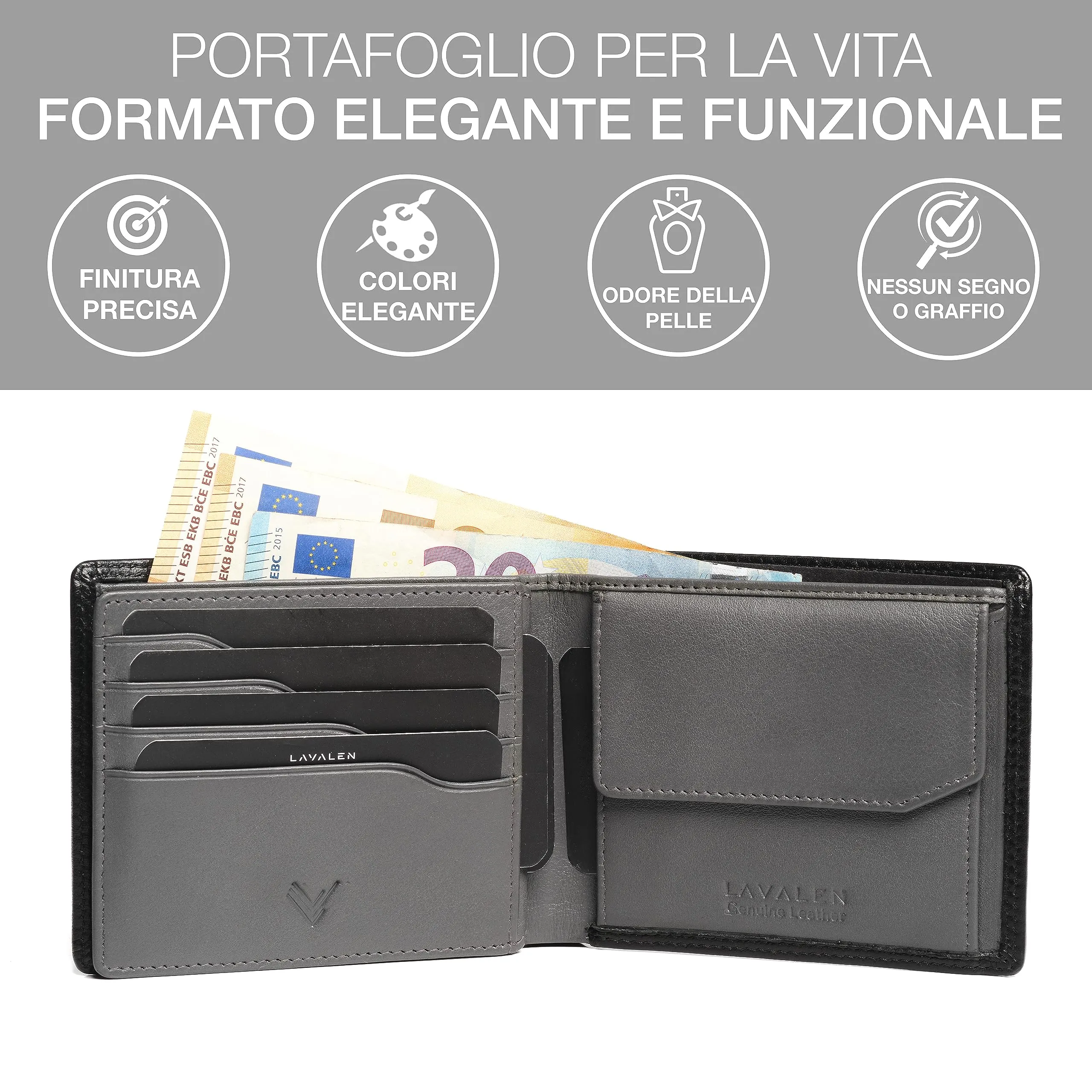 Lavalen Portafoglio Uomo in Pelle Vera RFID con Portamonete Grande - immagine 4